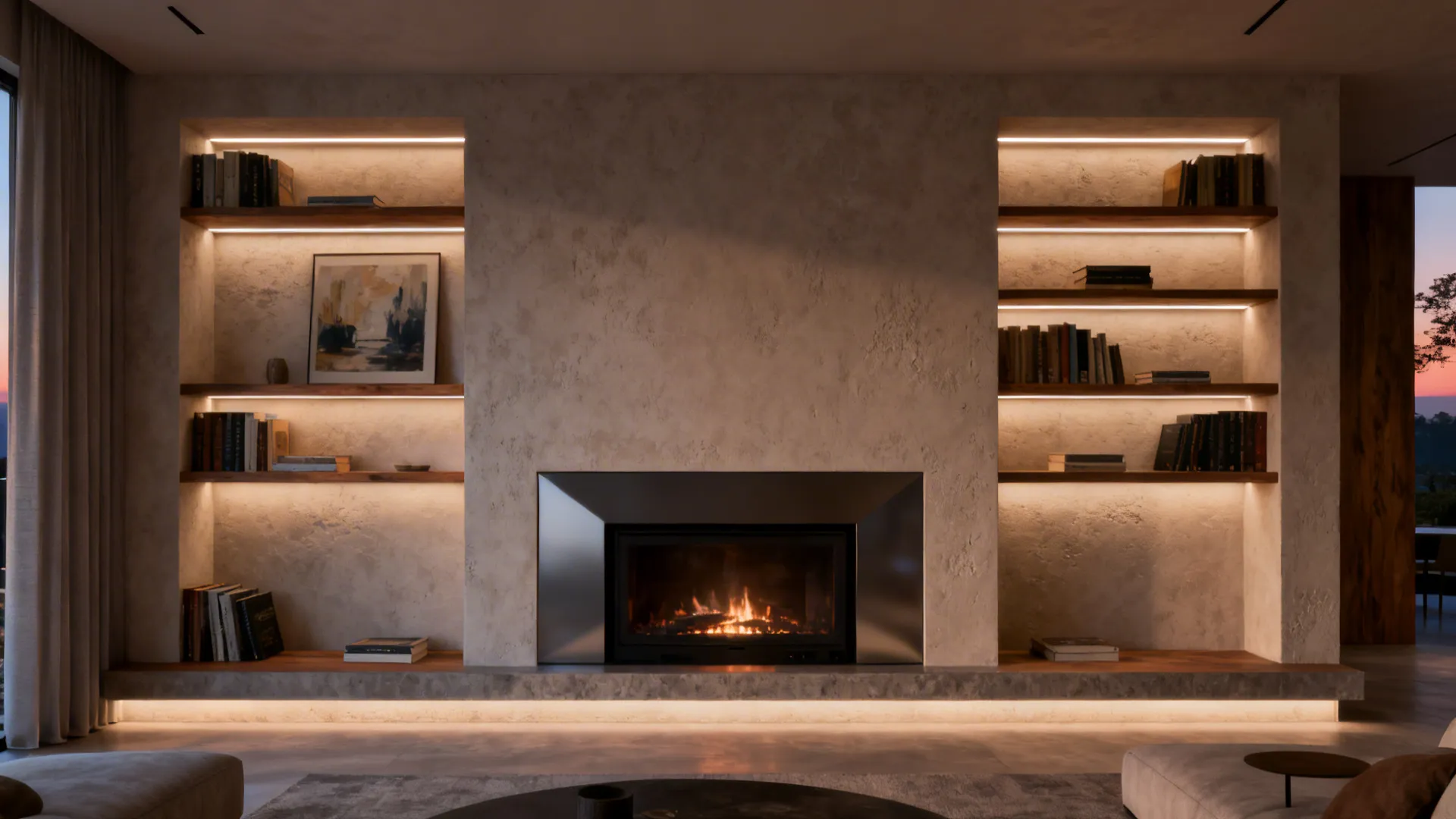 Recessed shelves integrated around a fireplace with LED strip lighting and curated displays
