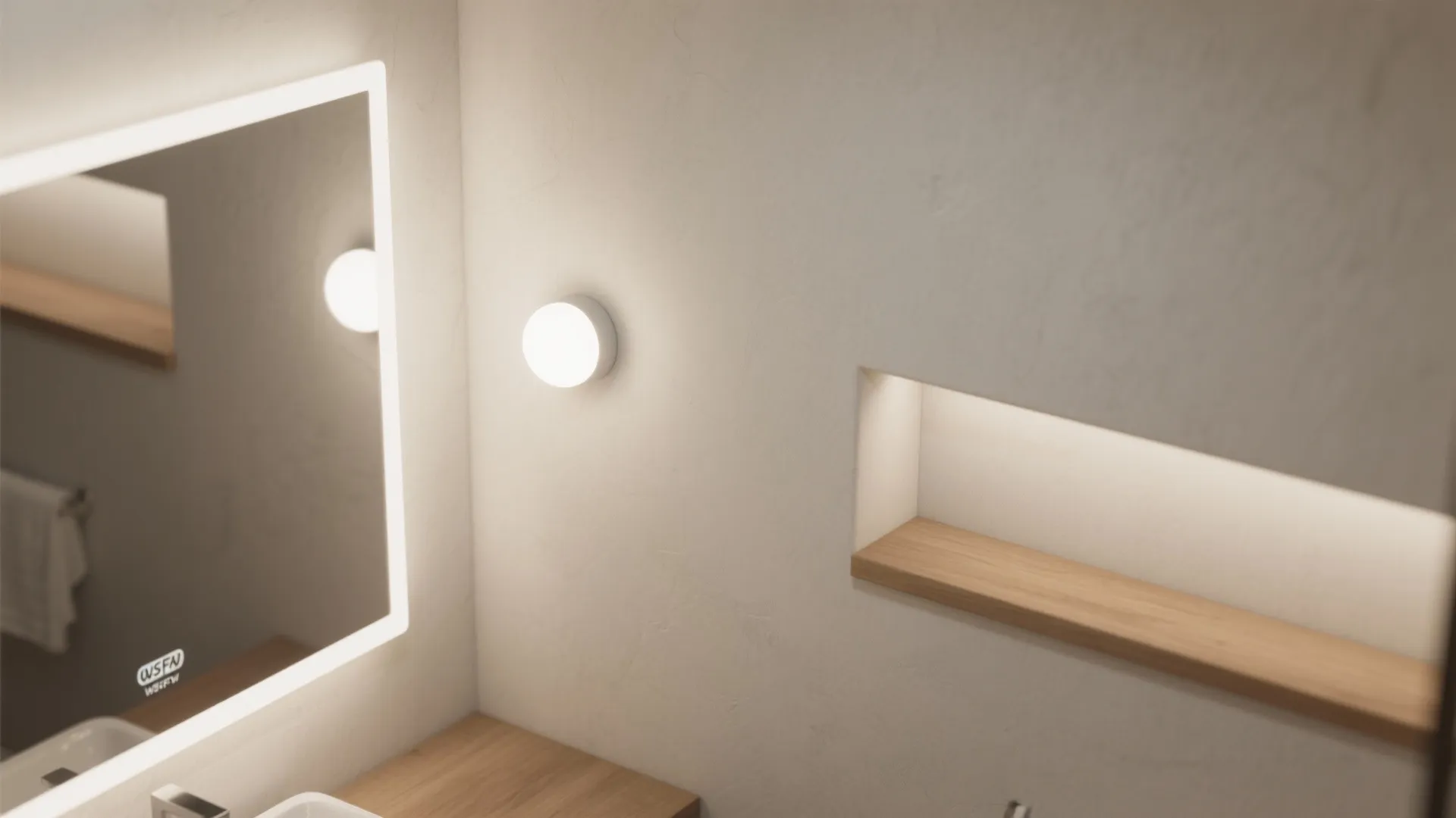 Close up of bathroom wall with round light fixture wooden shelf and glowing square mirror