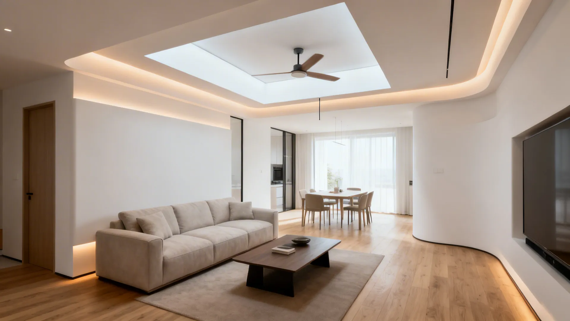Recessed border and floating core ceiling define lounge and circulation in an L-shaped room.