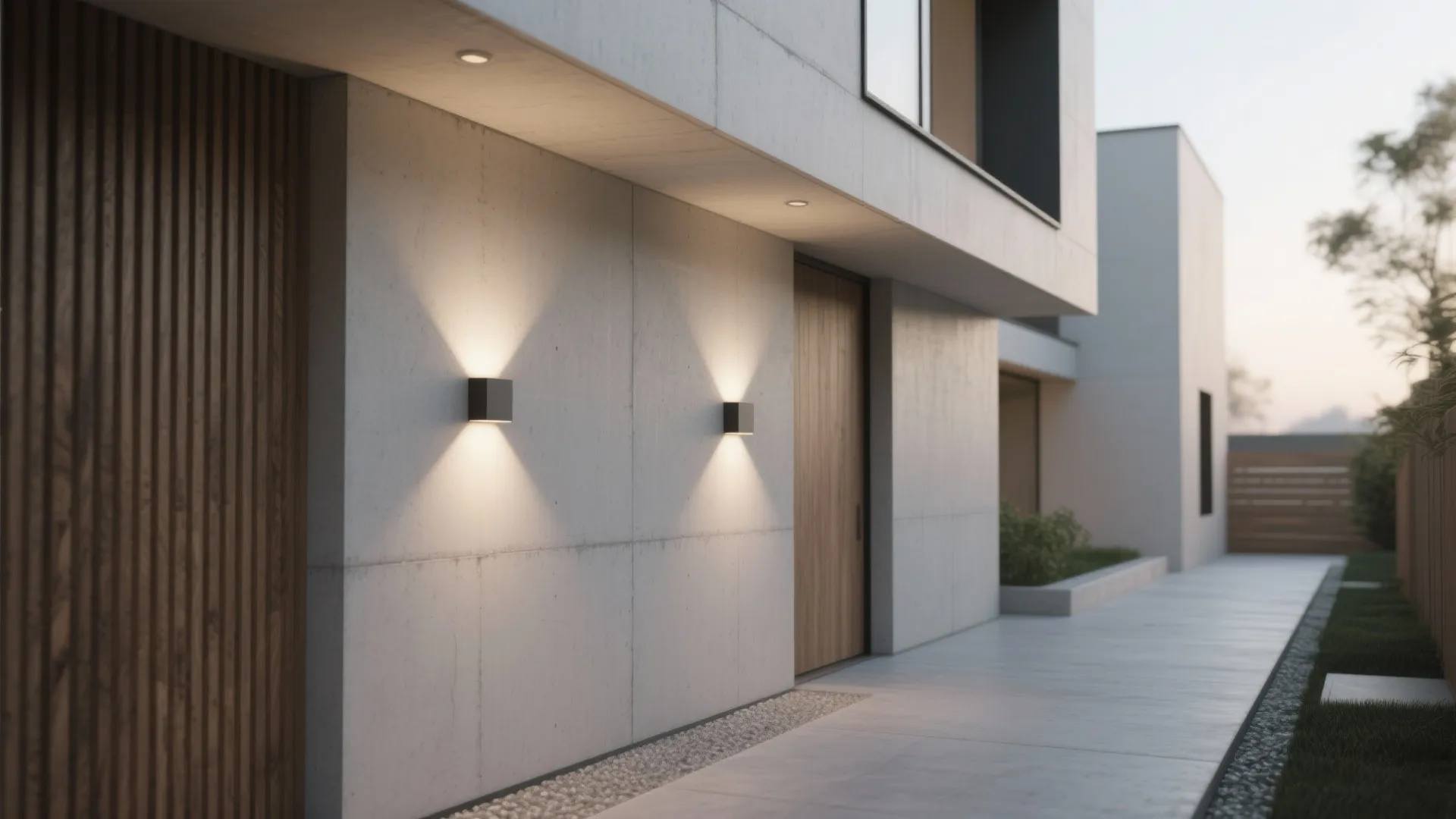 Modern concrete house exterior with small square wall lights along a white stone walkway path