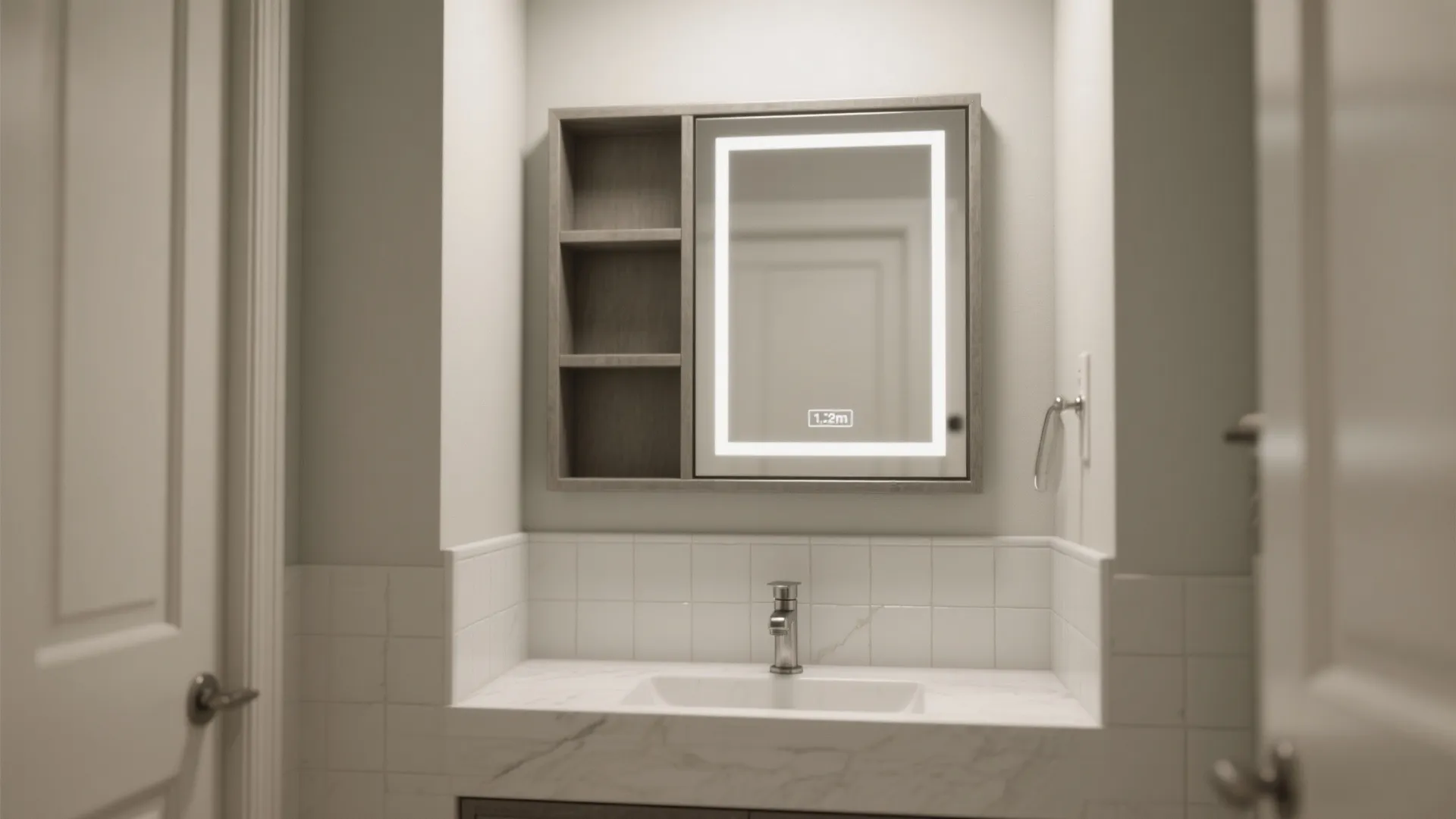 Recessed framed mirror cabinet above a compact vanity, reducing projection in a small bathroom.