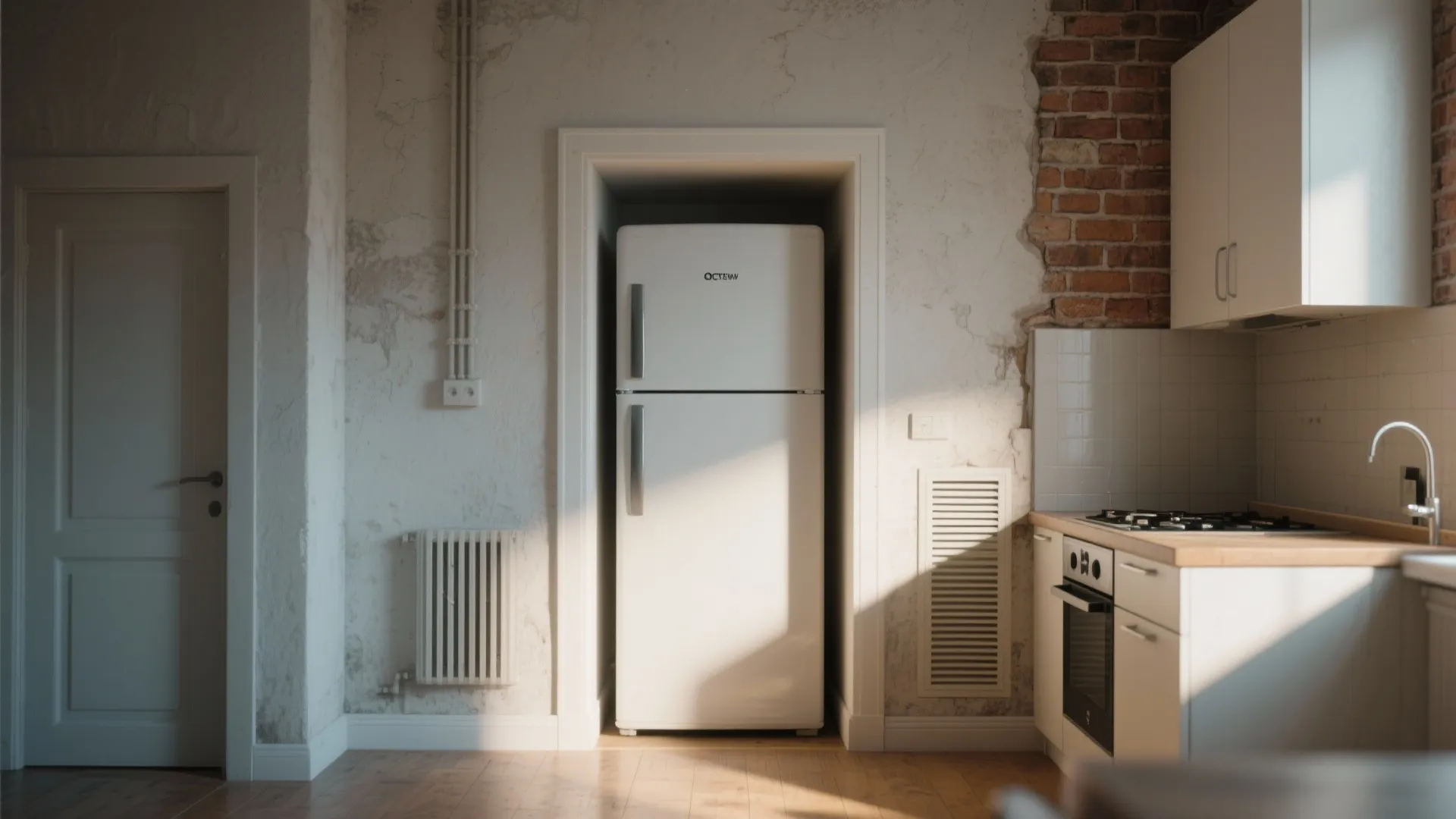 White fridge placed inside a wall niche in a kitchen with rustic white brick walls