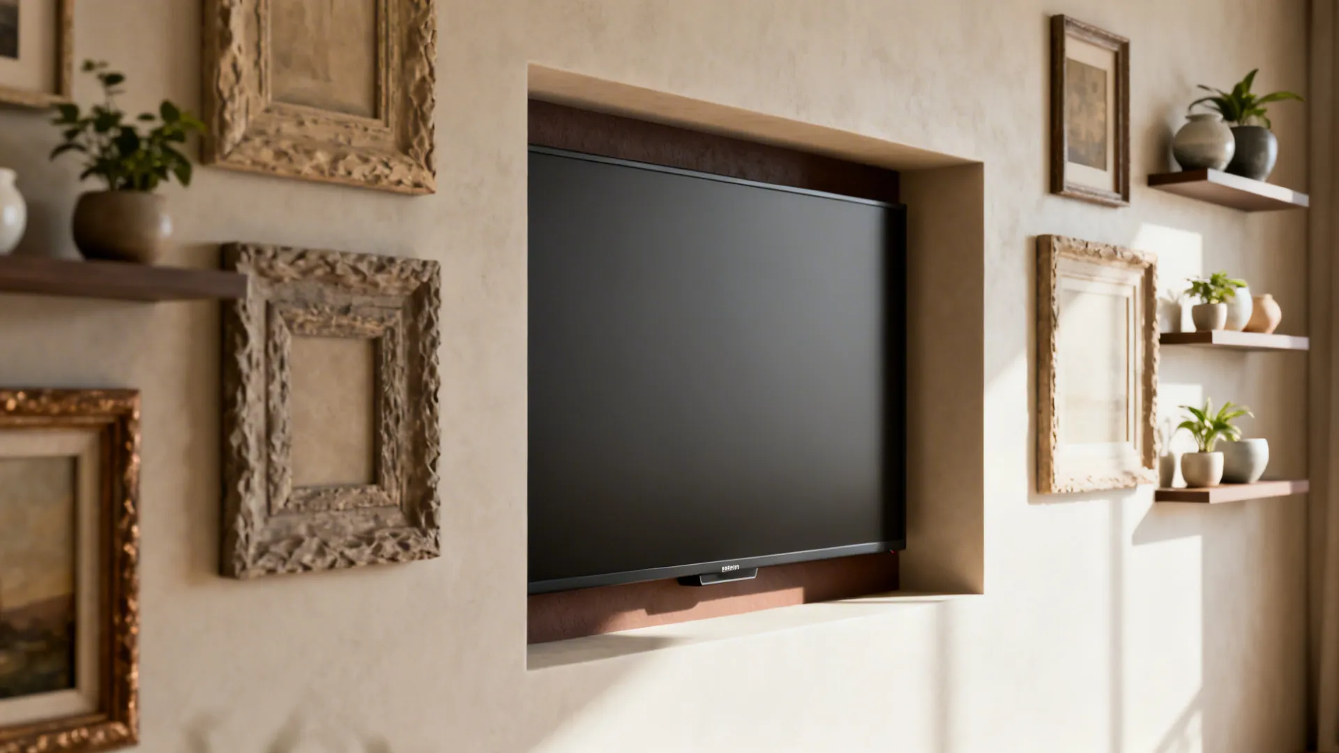 Close-up of a recessed TV alcove surrounded by framed art and floating shelves