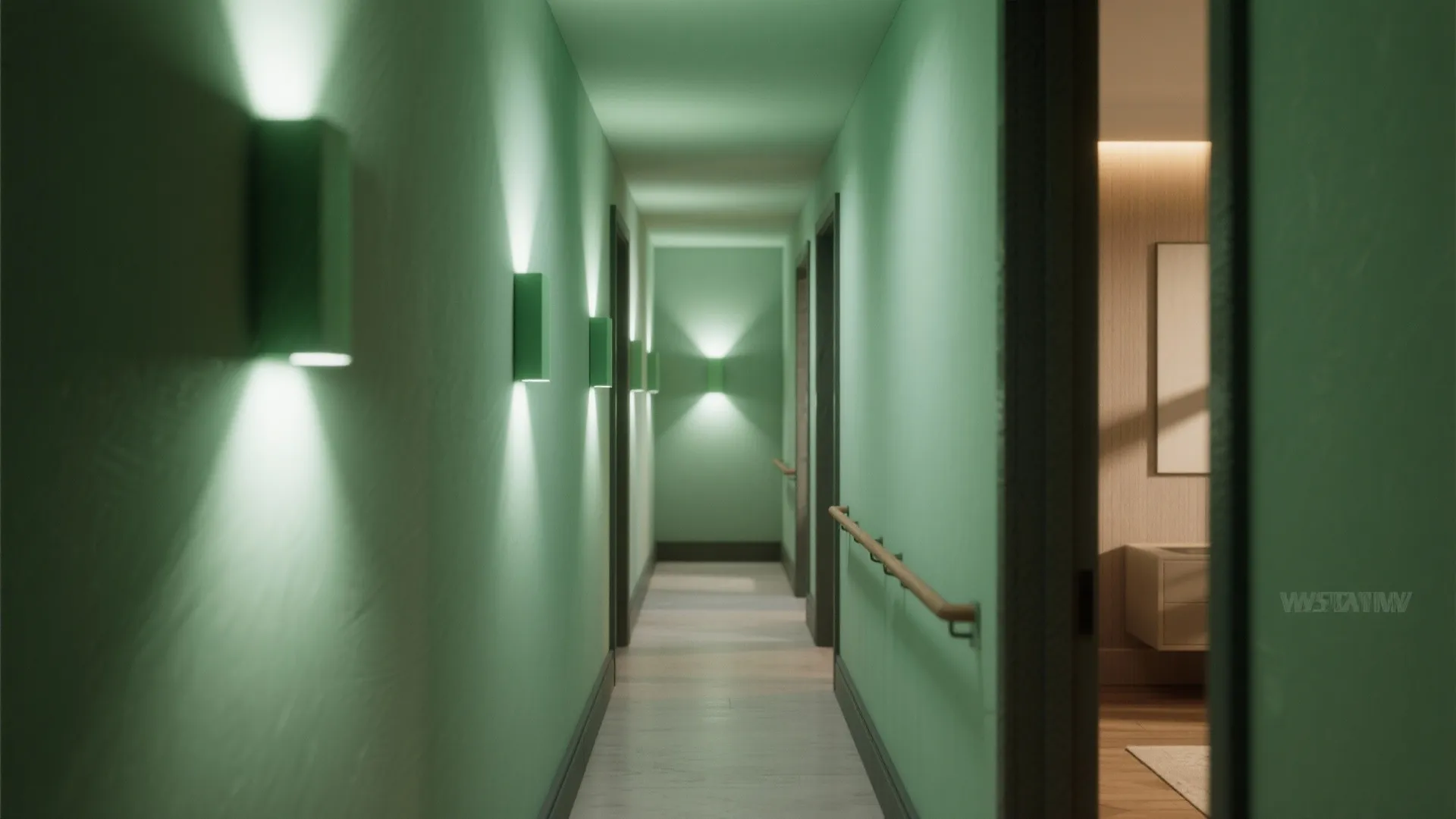 Long green hallway with modern square wall lights creating soft glow on the painted wall surface