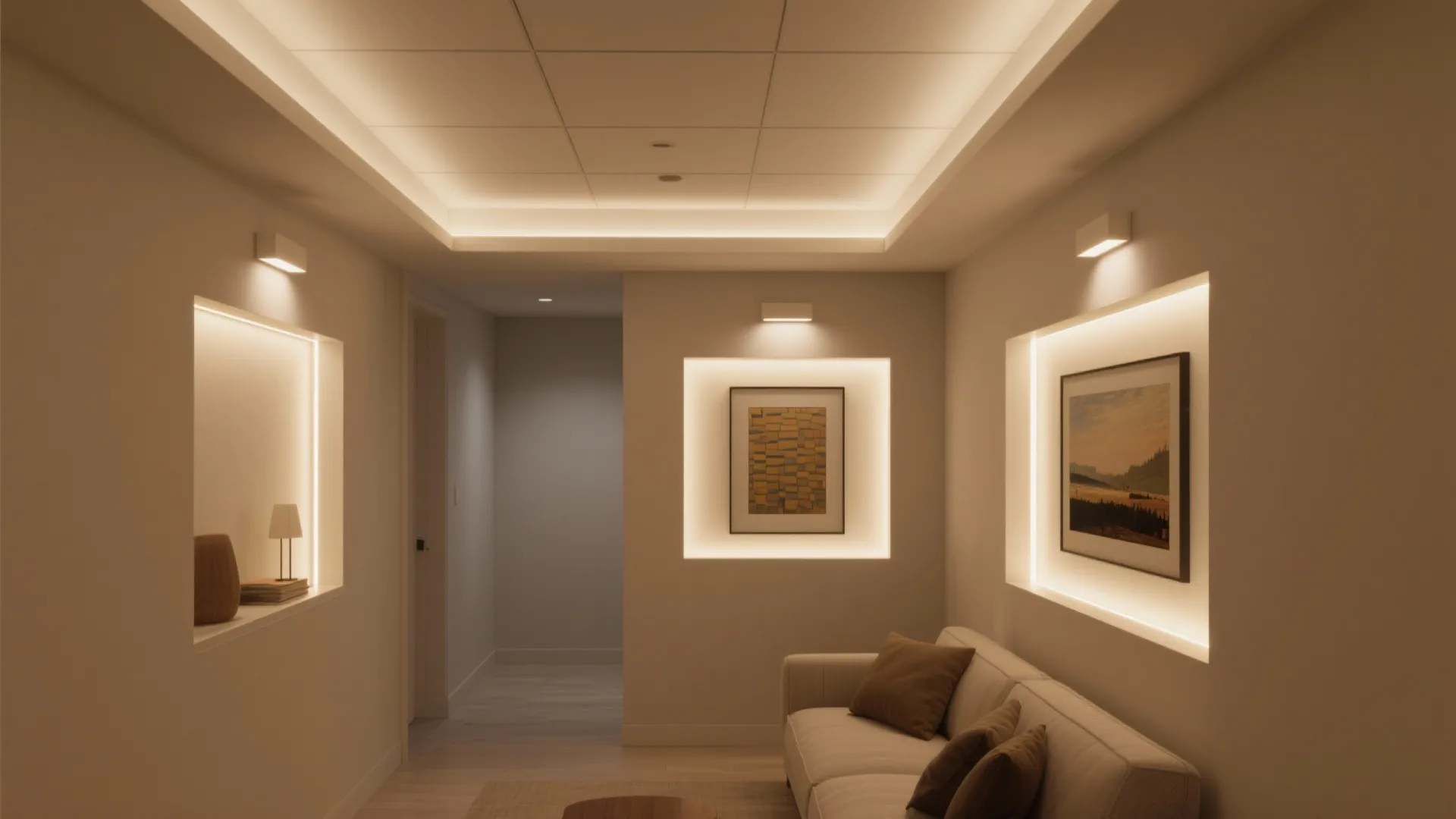 Living room featuring warm hidden lighting wall niches for pictures sofa cushions and small lamps