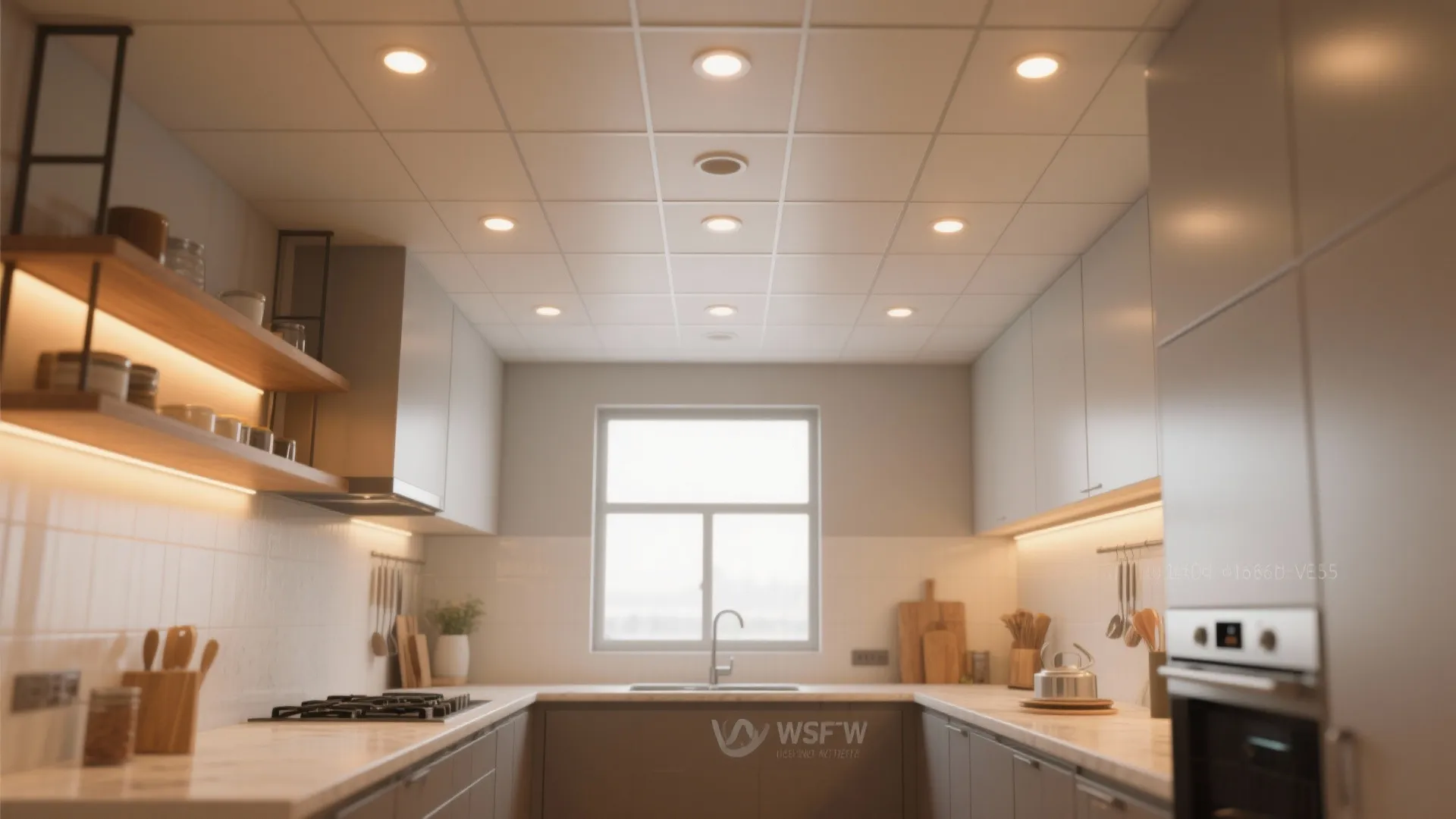 Small kitchen interior with a neat grid of recessed ceiling lights providing even illumination.