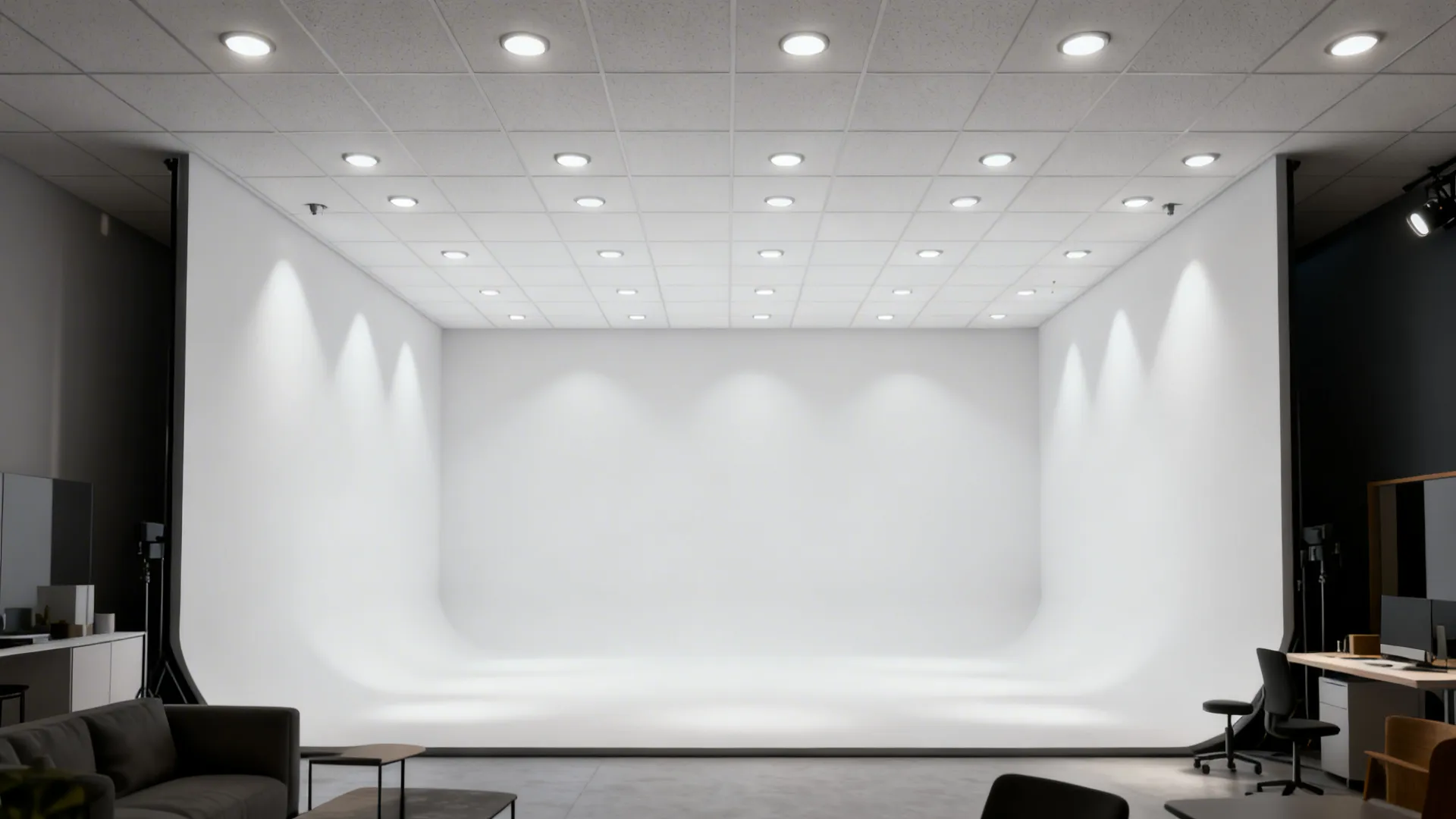 Compact studio ceiling with an evenly spaced grid of recessed downlights creating uniform light.