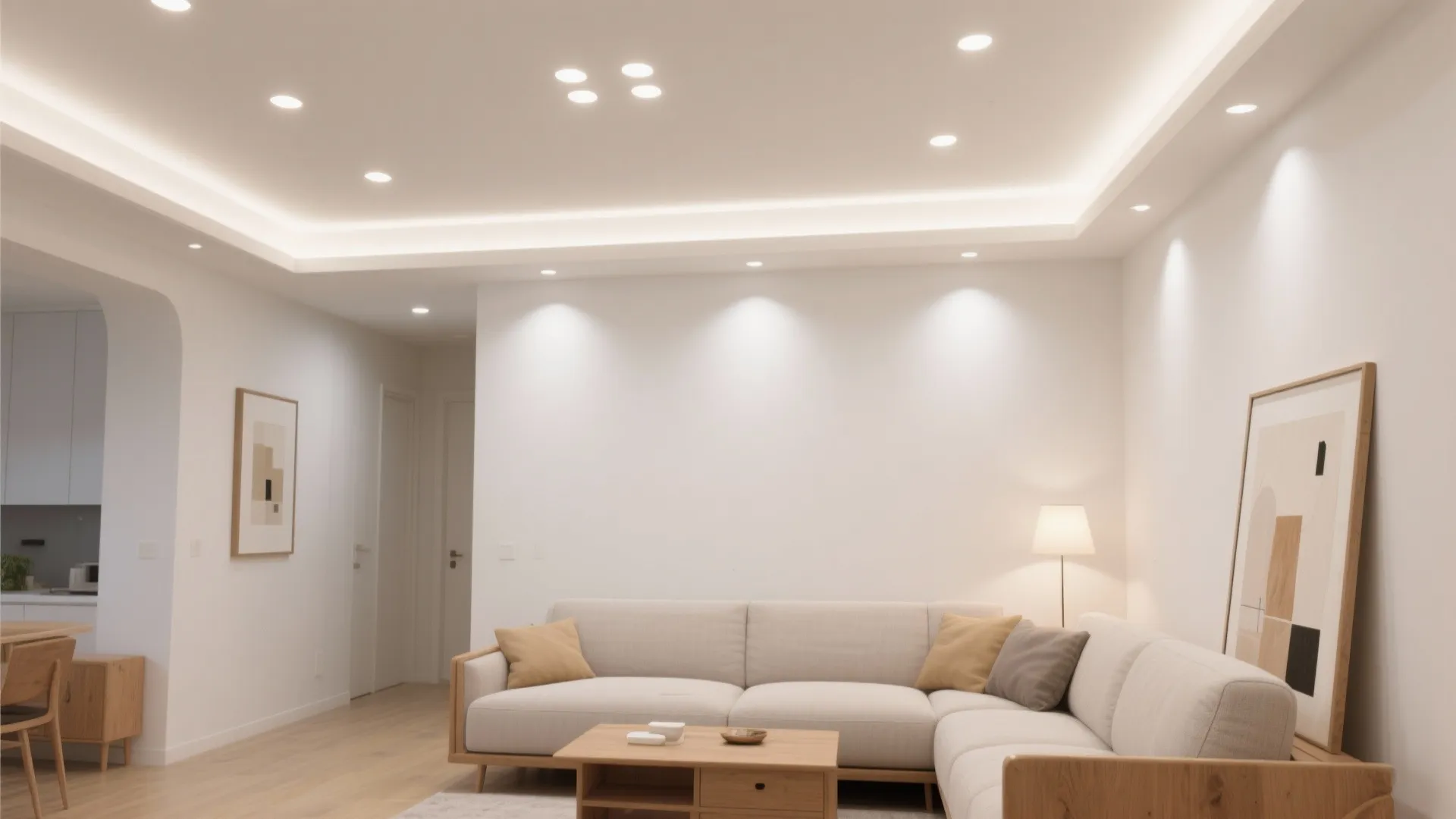 Minimalist living room with white walls cream sofa wooden coffee table and hidden ceiling lights