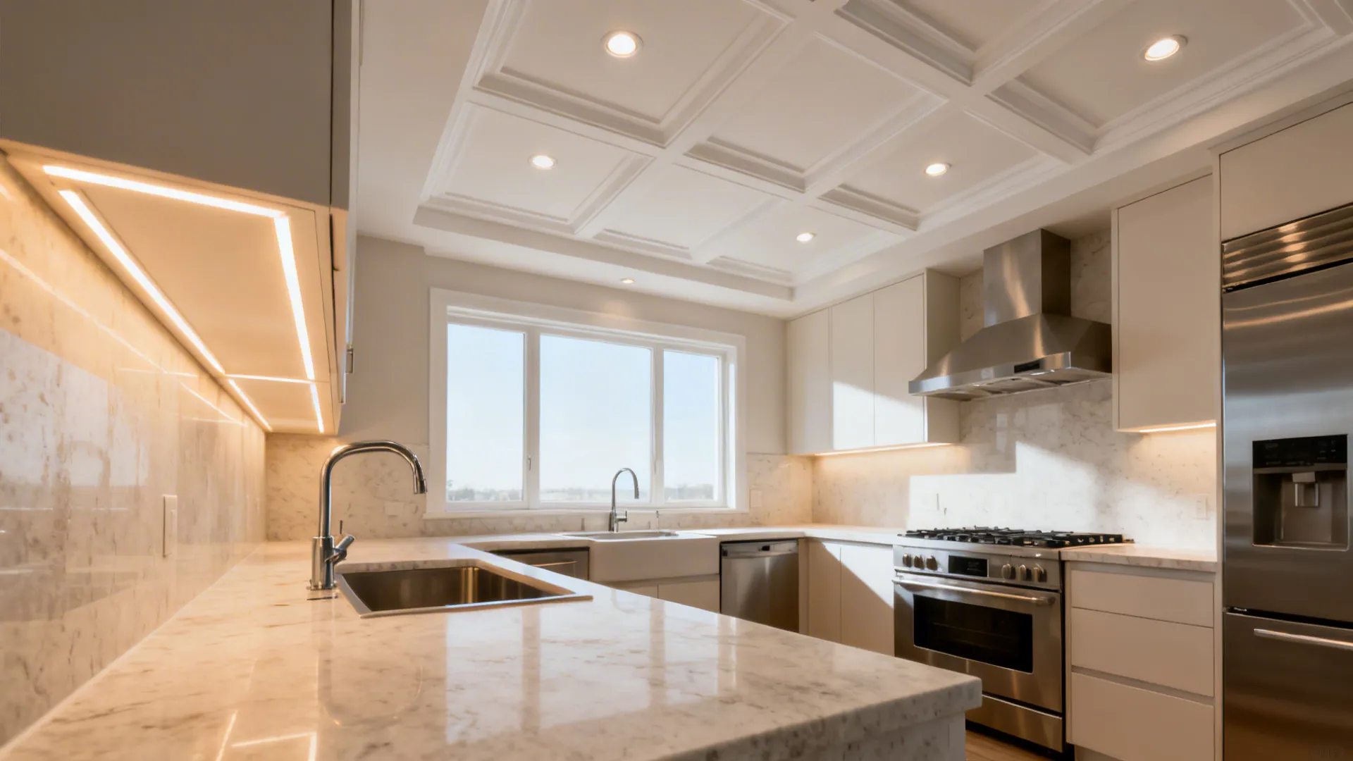 Modern kitchen with shallow recessed gypsum grid and aligned task downlights.