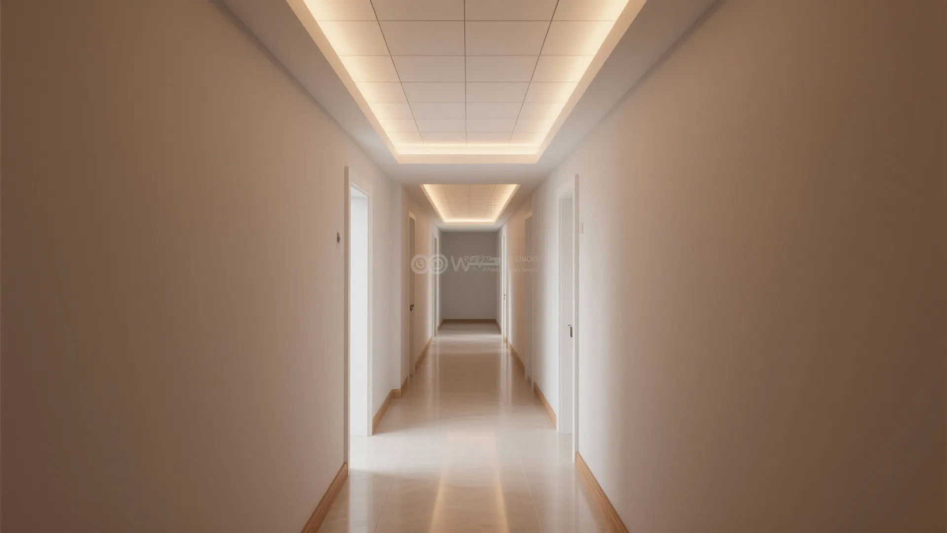 Narrow hall with POP recessed grid ceiling and warm cove lighting for visual length.