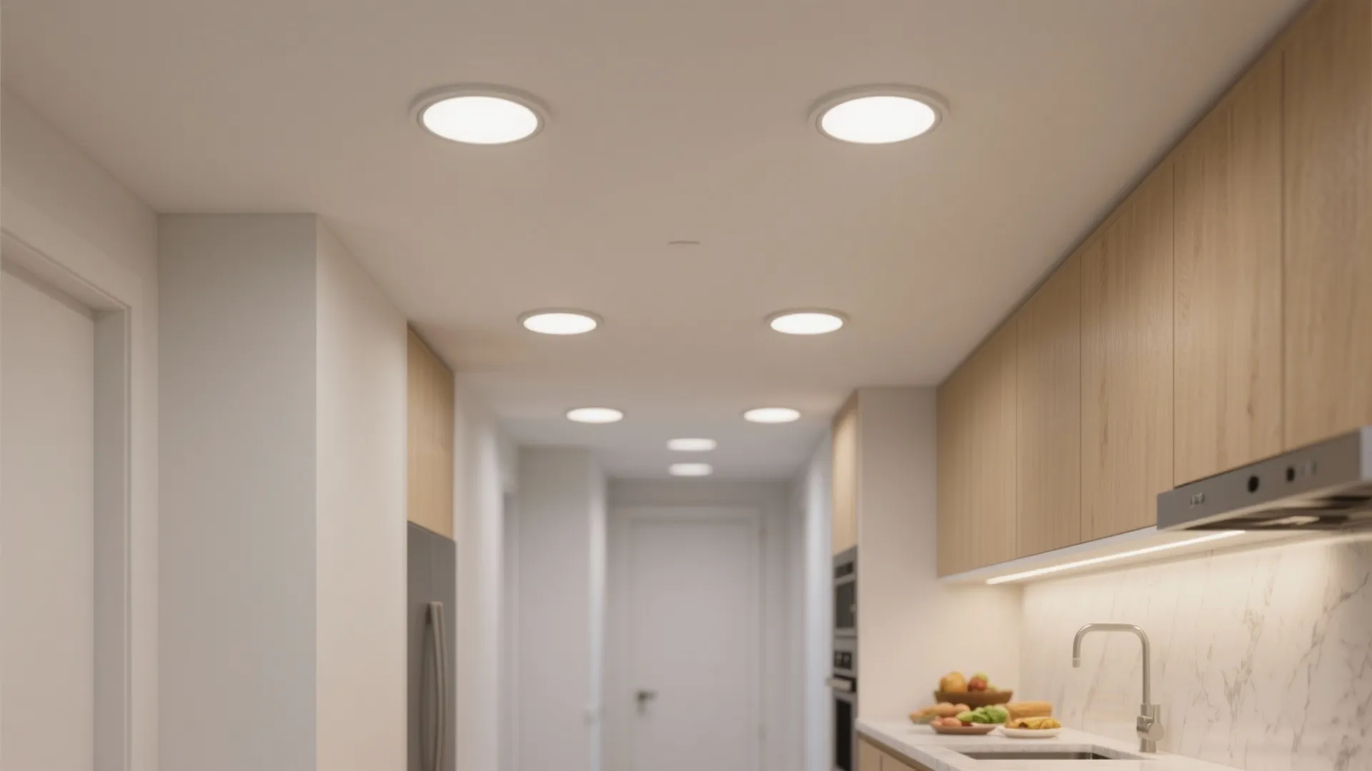Minimalist galley kitchen with a precise recessed LED grid providing even, low-glare light.
