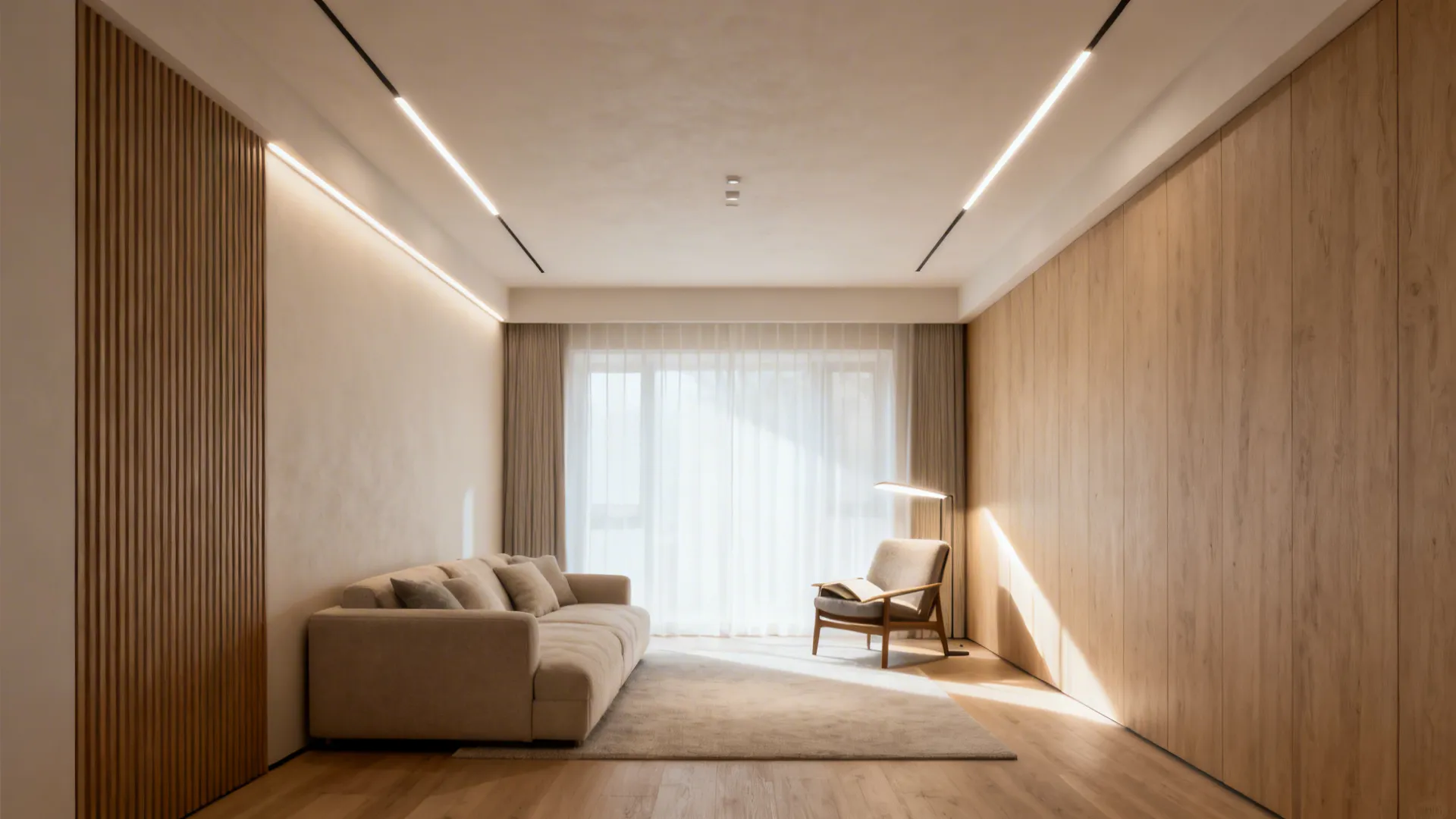 Slim recessed lighting grid provides ambient and task layers in a small living room.