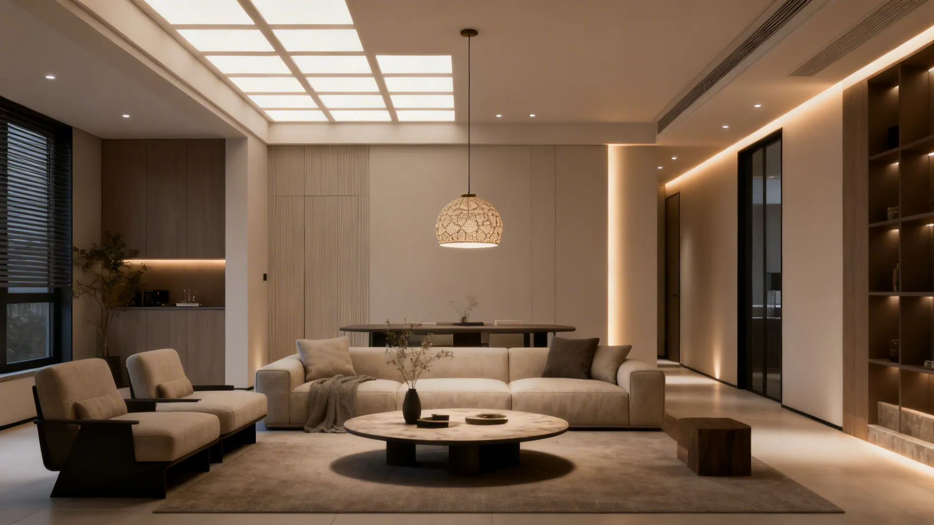 4. Recessed Lighting Grid with Accent Pendants