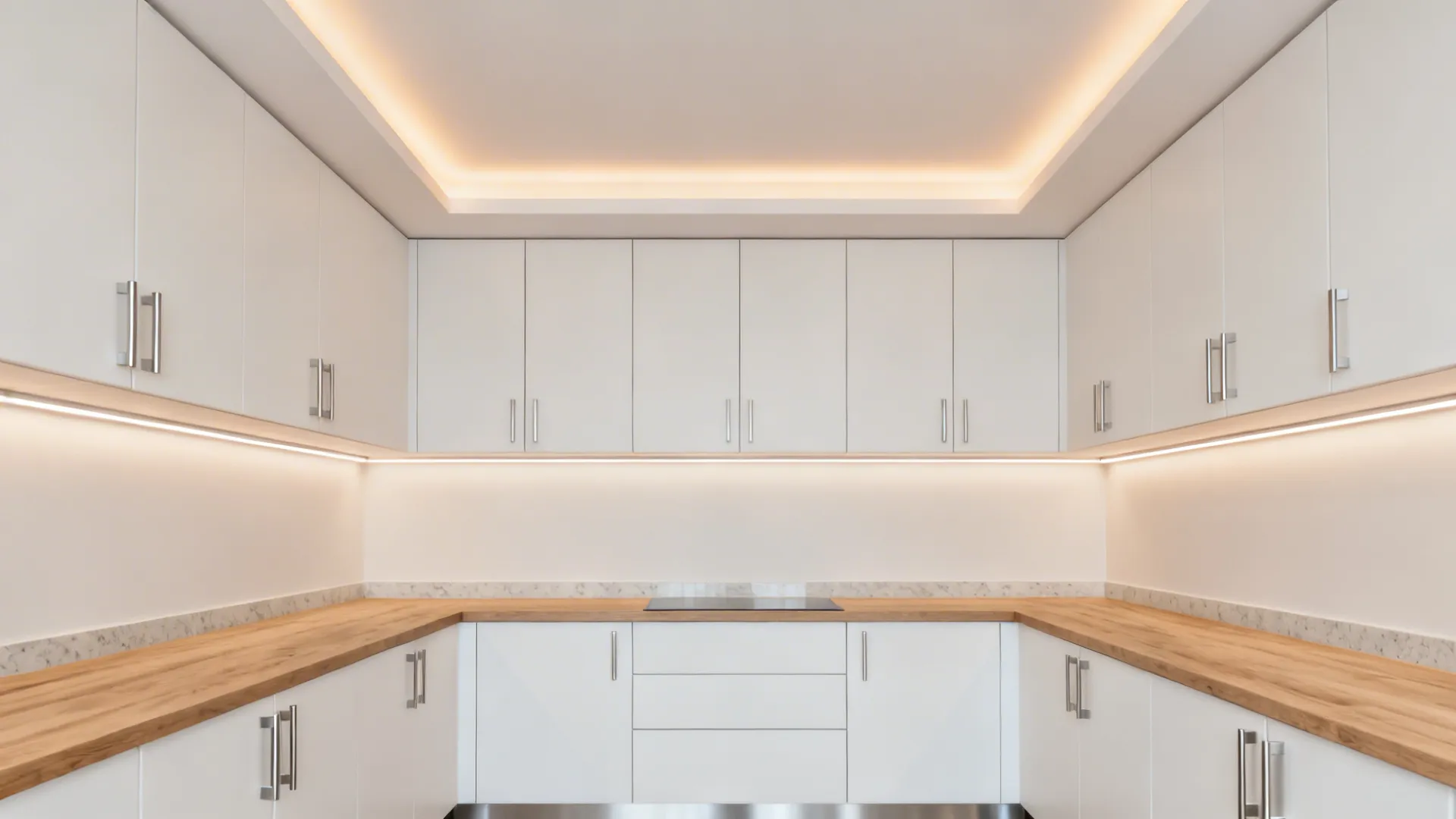 Minimalist recessed ceiling grid with warm LED perimeter glow in a compact kitchen.