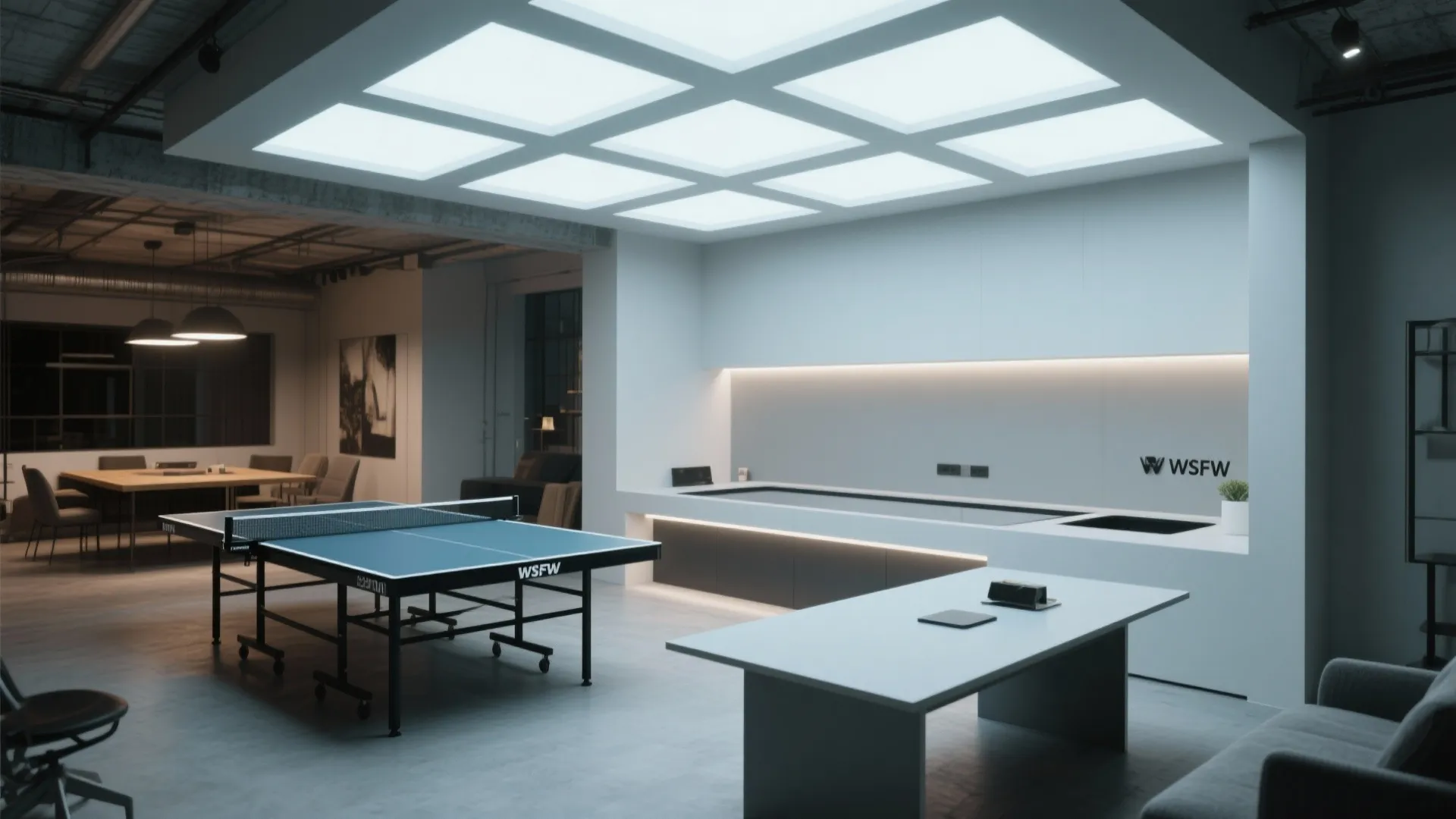 Modern office space with blue ping pong table, large ceiling light grid, and white furniture