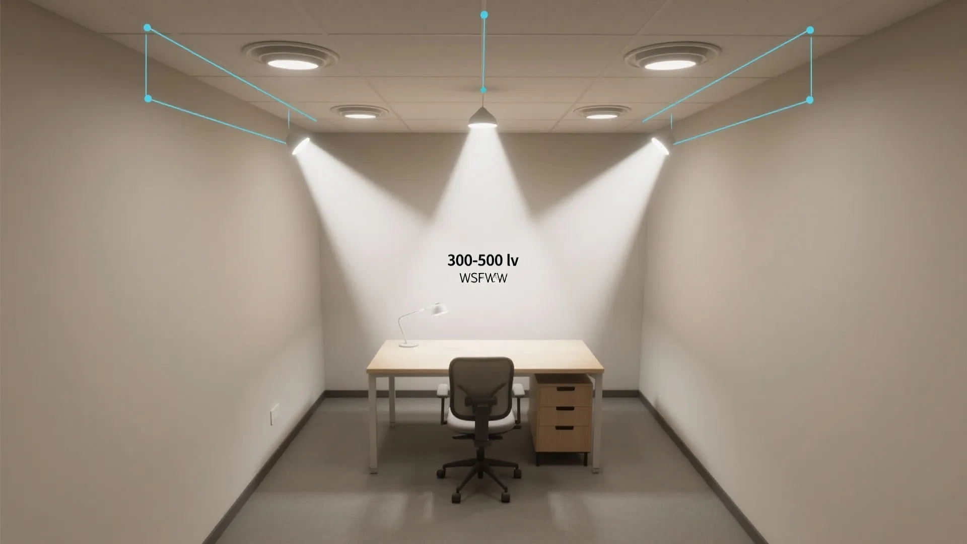 Top-down plan shows recessed light spacing for uniform coverage over the desk.