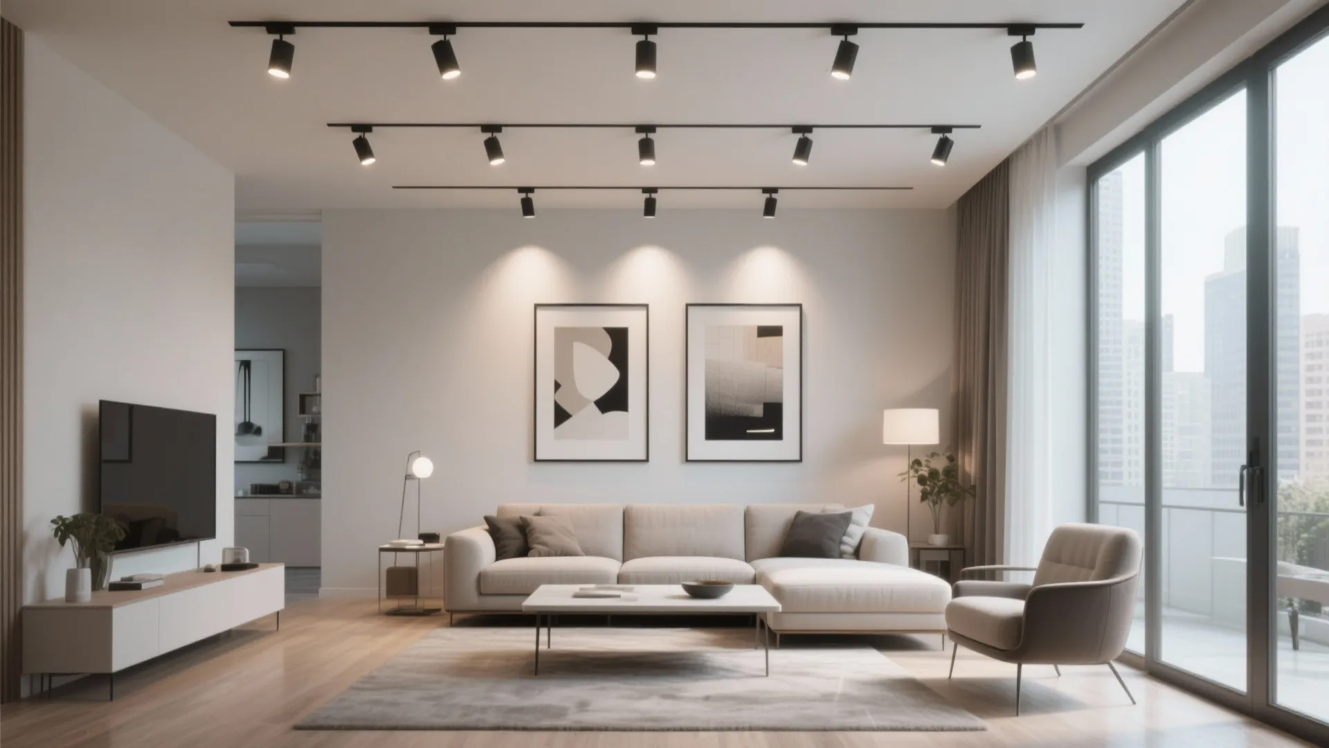Grid of recessed spotlights illuminating modern living room art