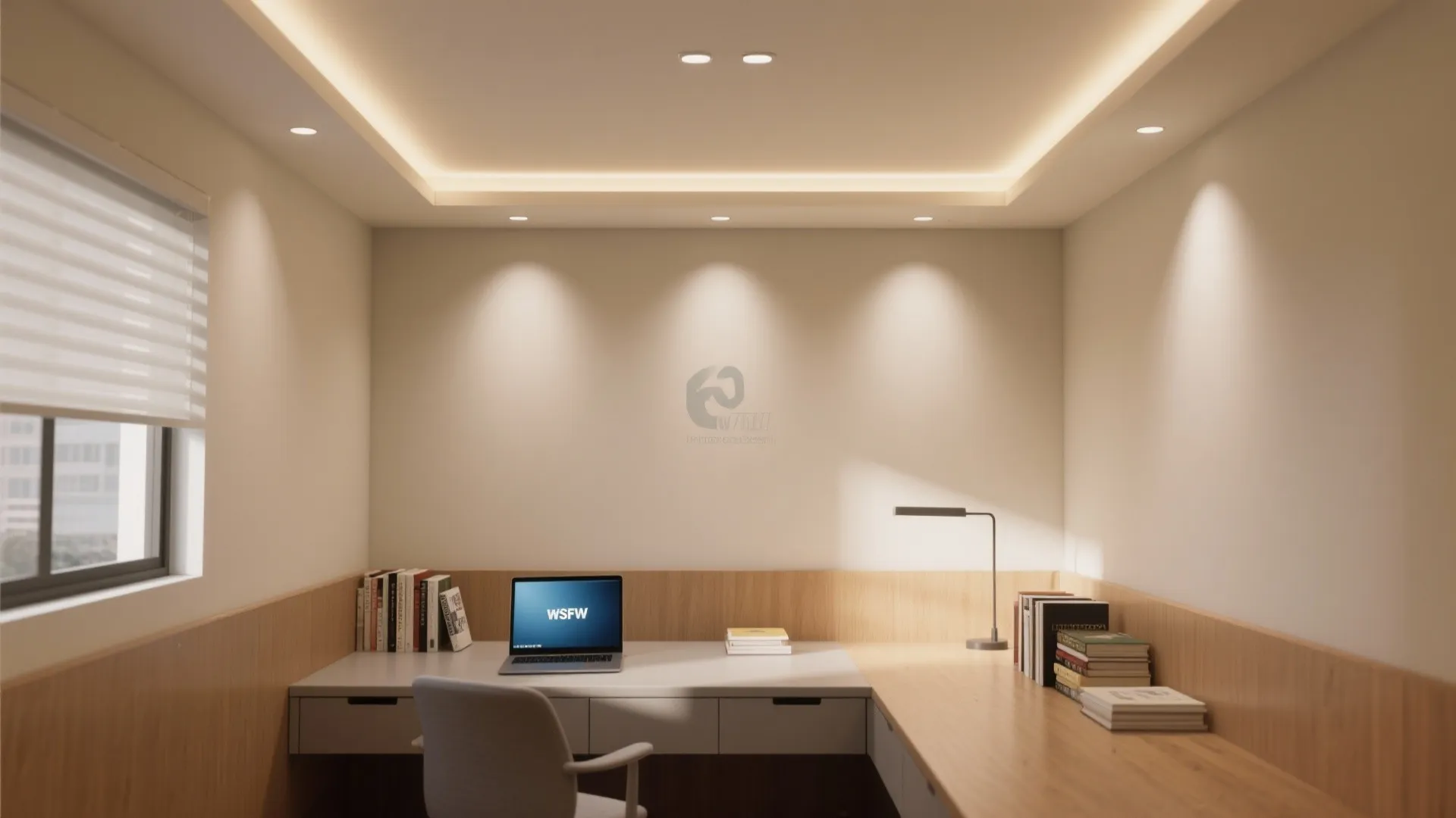 Home office with hidden ceiling lights small spotlights a laptop on desk and wall panels