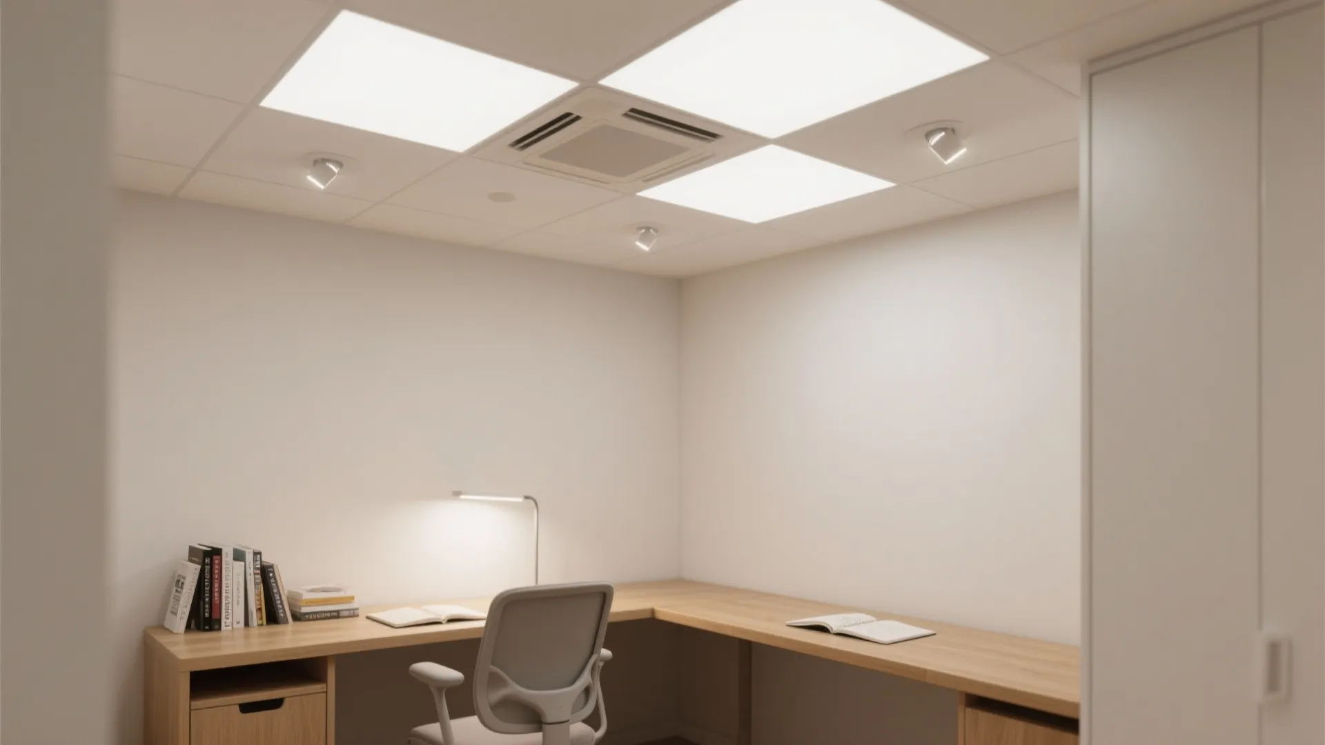 Minimalist recessed downlight grid delivers uniform ambient light in a small study.