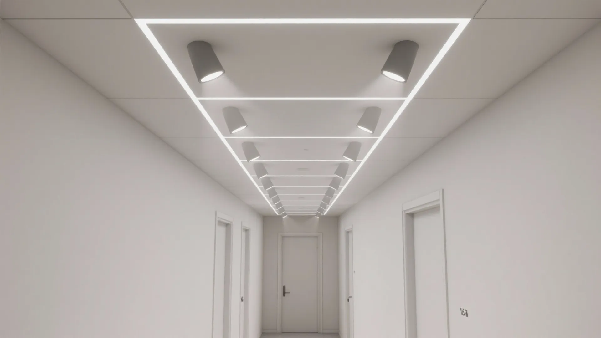 Top-down plan of a narrow hall ceiling with staggered recessed grid and even beam spreads.