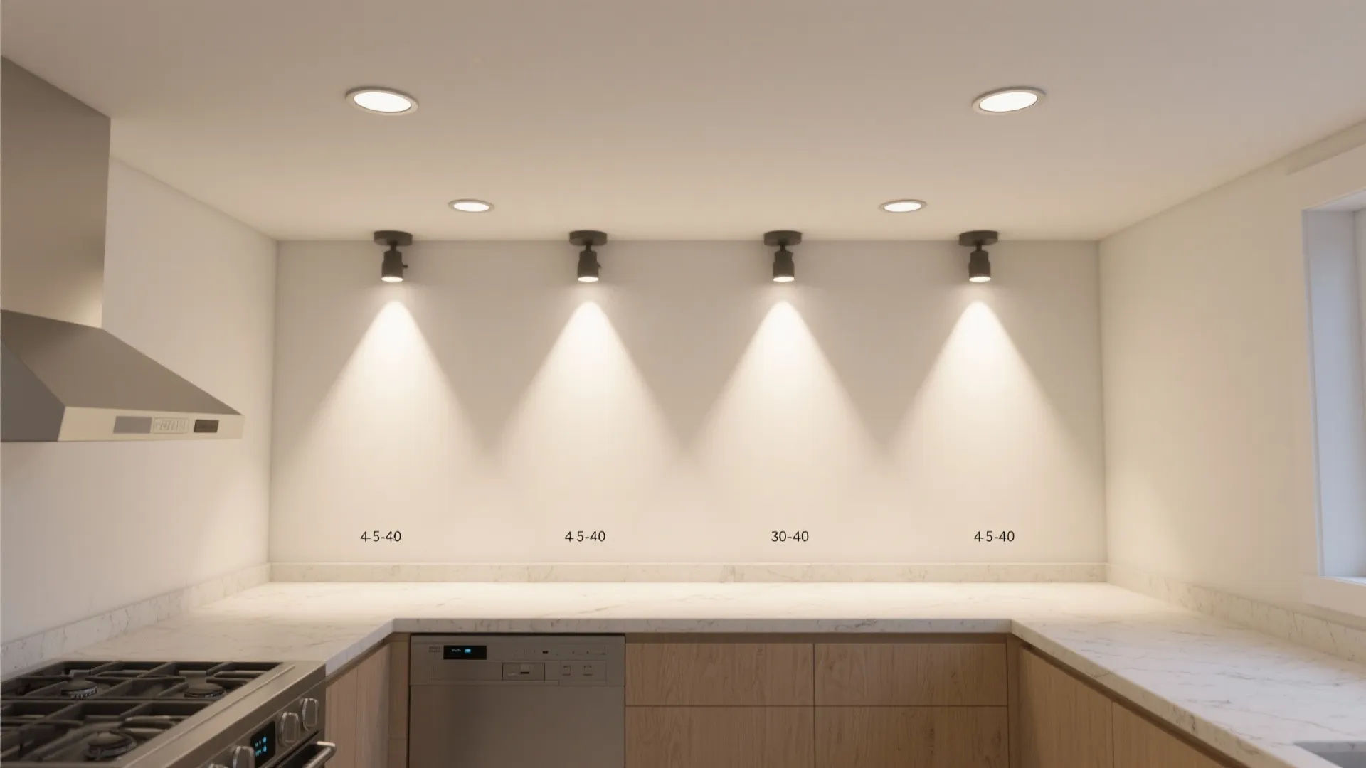 Top-down view showing even spacing and overlapping beams of four recessed lights in a small kitchen.