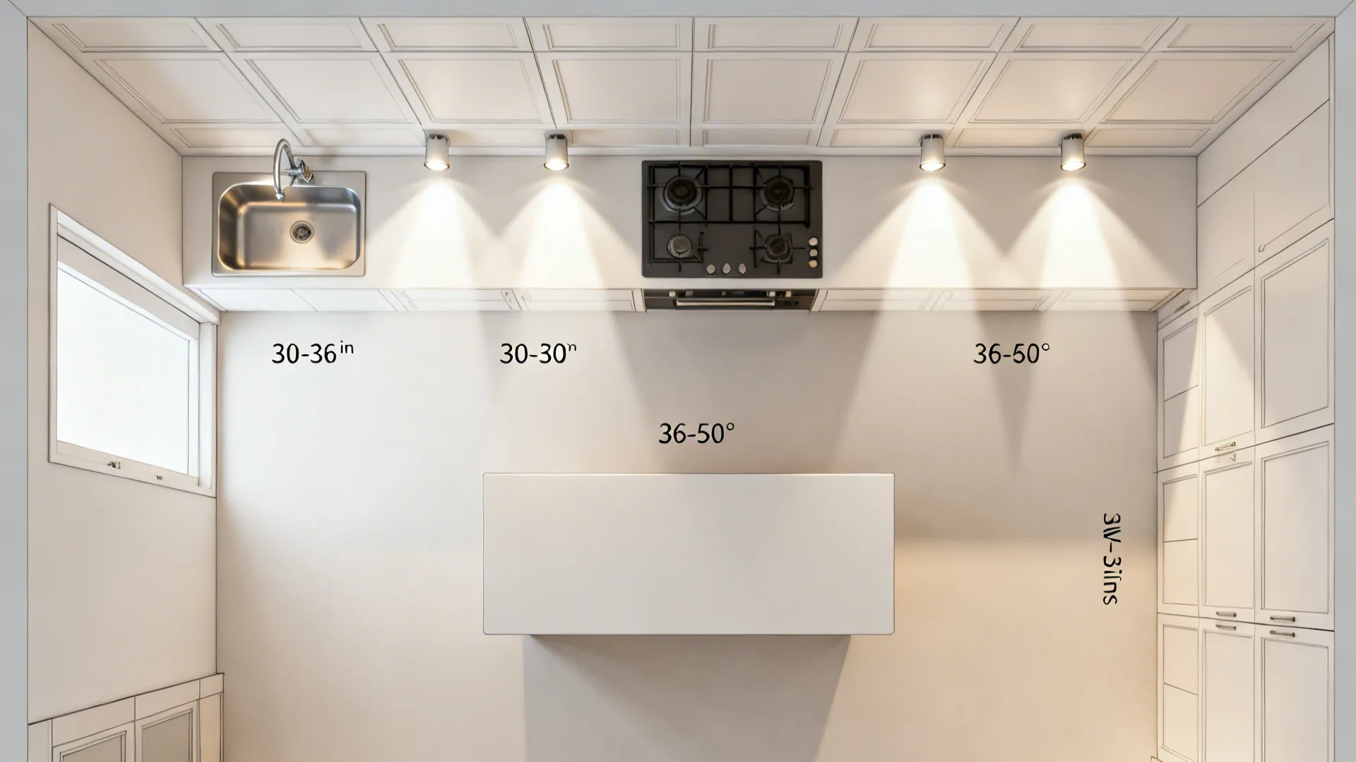 Top-down view of recessed gypsum grid with task downlights over kitchen zones.