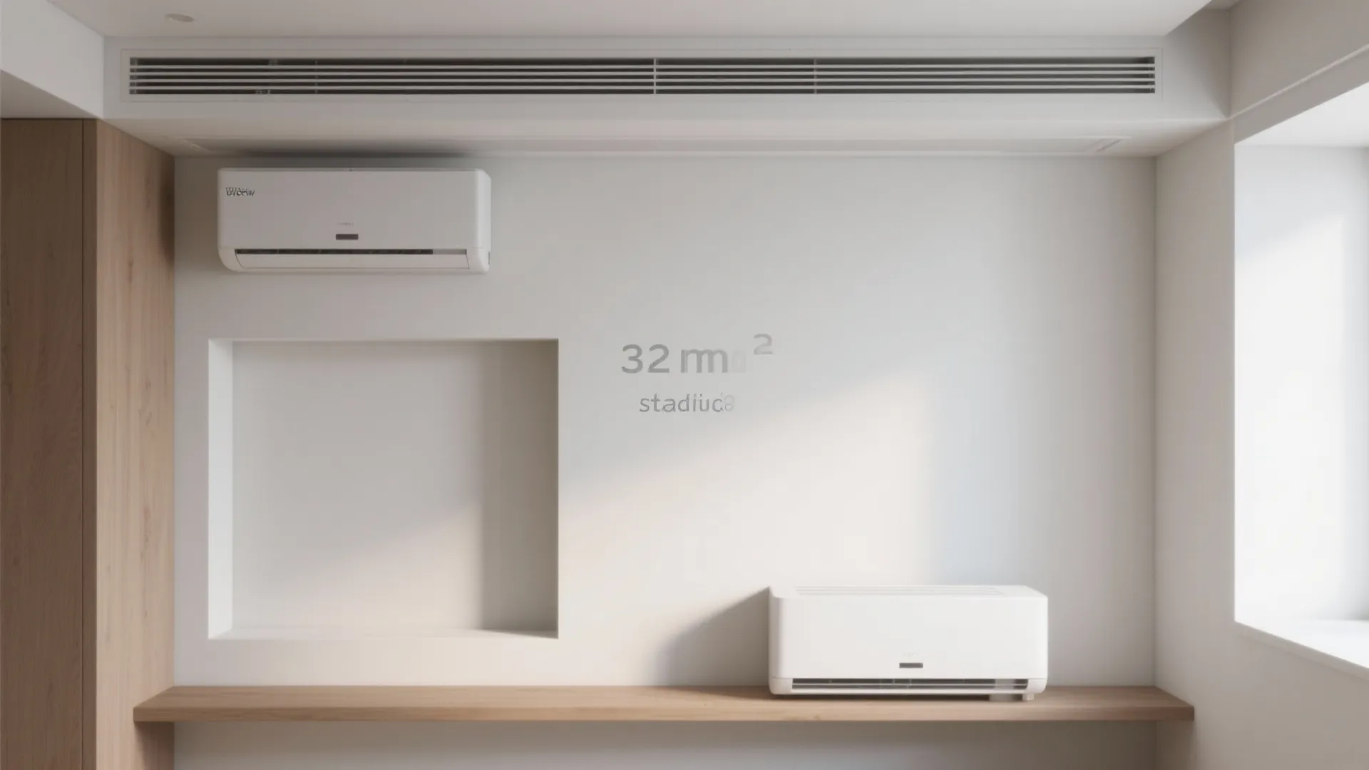 Modern interior wall showing different types of air conditioning units with wooden shelf and wall niche