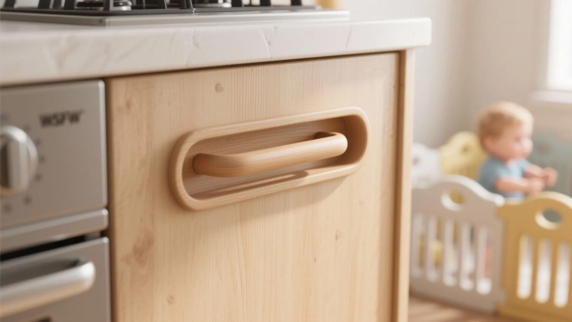 Wood kitchen cabinet door with a built-in oval handle next to a silver stove oven