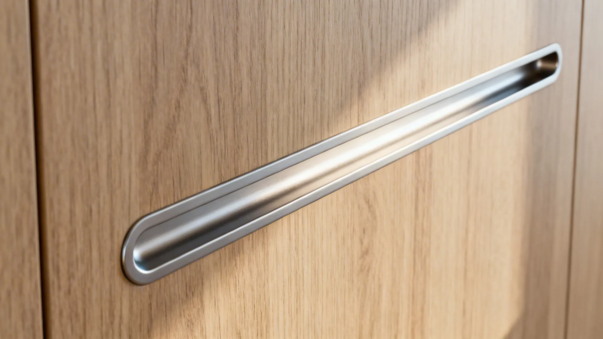Macro of a recessed finger groove with anodized aluminum detail on a pantry door.