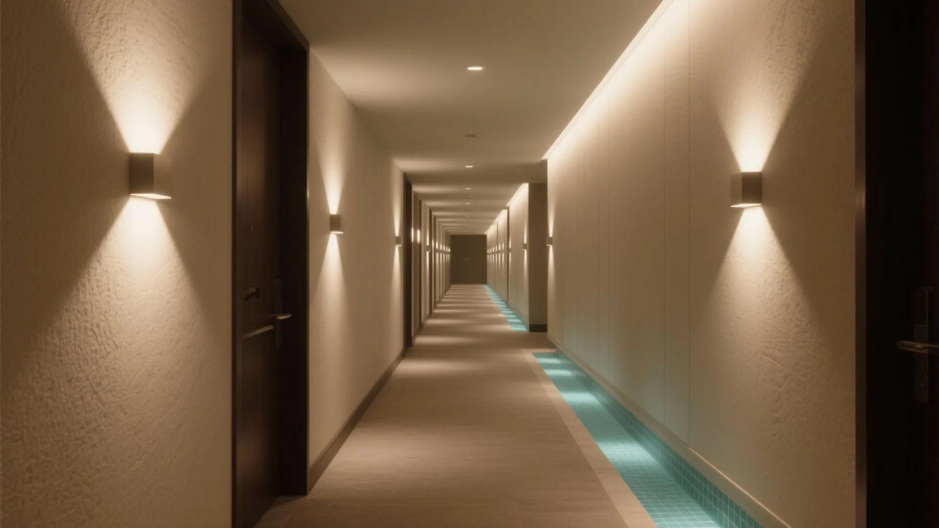 Long modern hallway with warm wall light fixtures and soft ceiling light for a cozy atmosphere