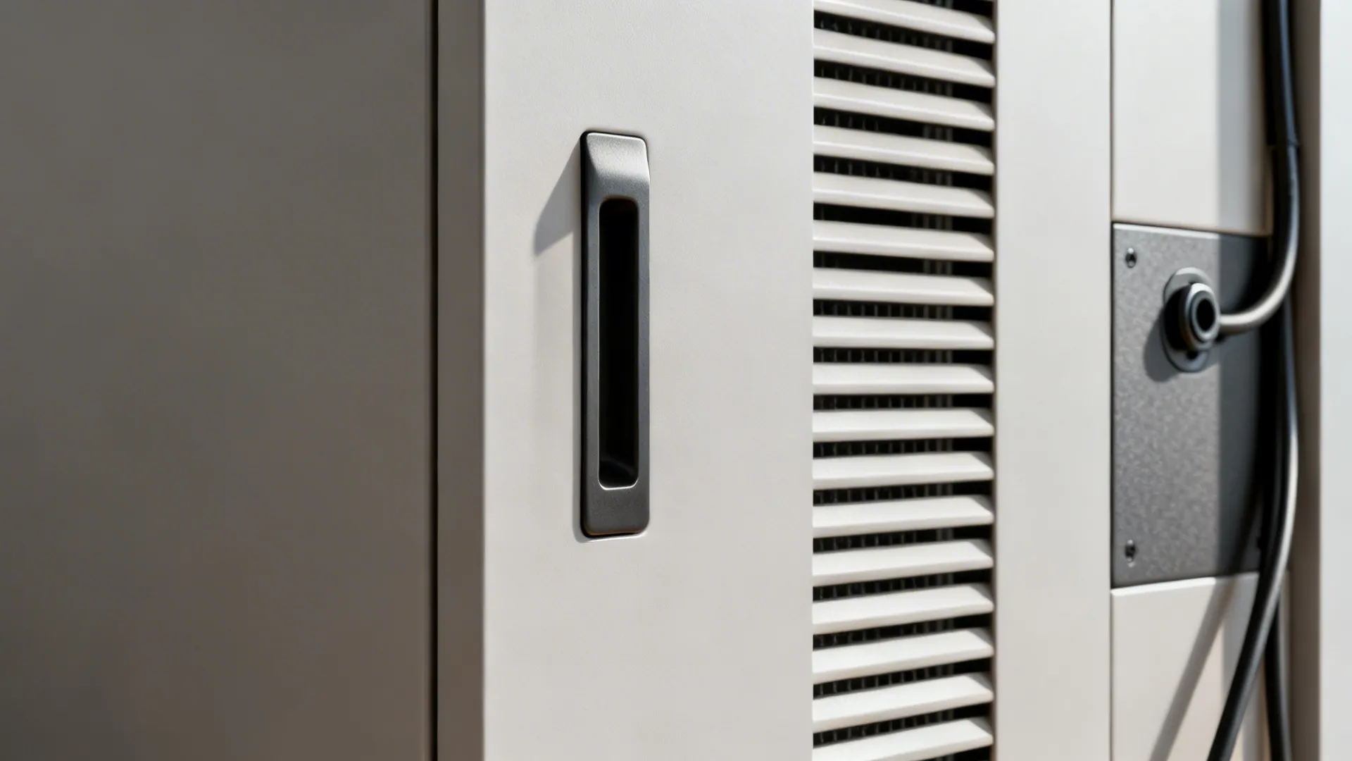 Macro of a recessed cabinet handle beside louvered ventilation slots and cable grommet detail.