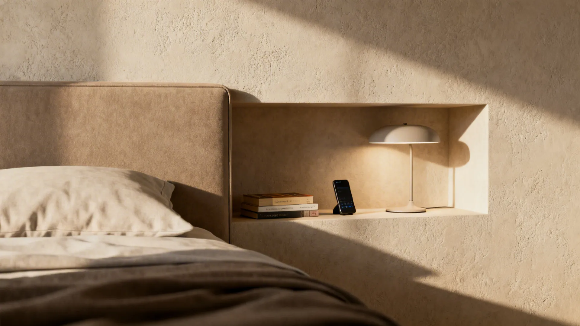 Beige bed headboard next to a wall niche with books a smartphone and small lamp