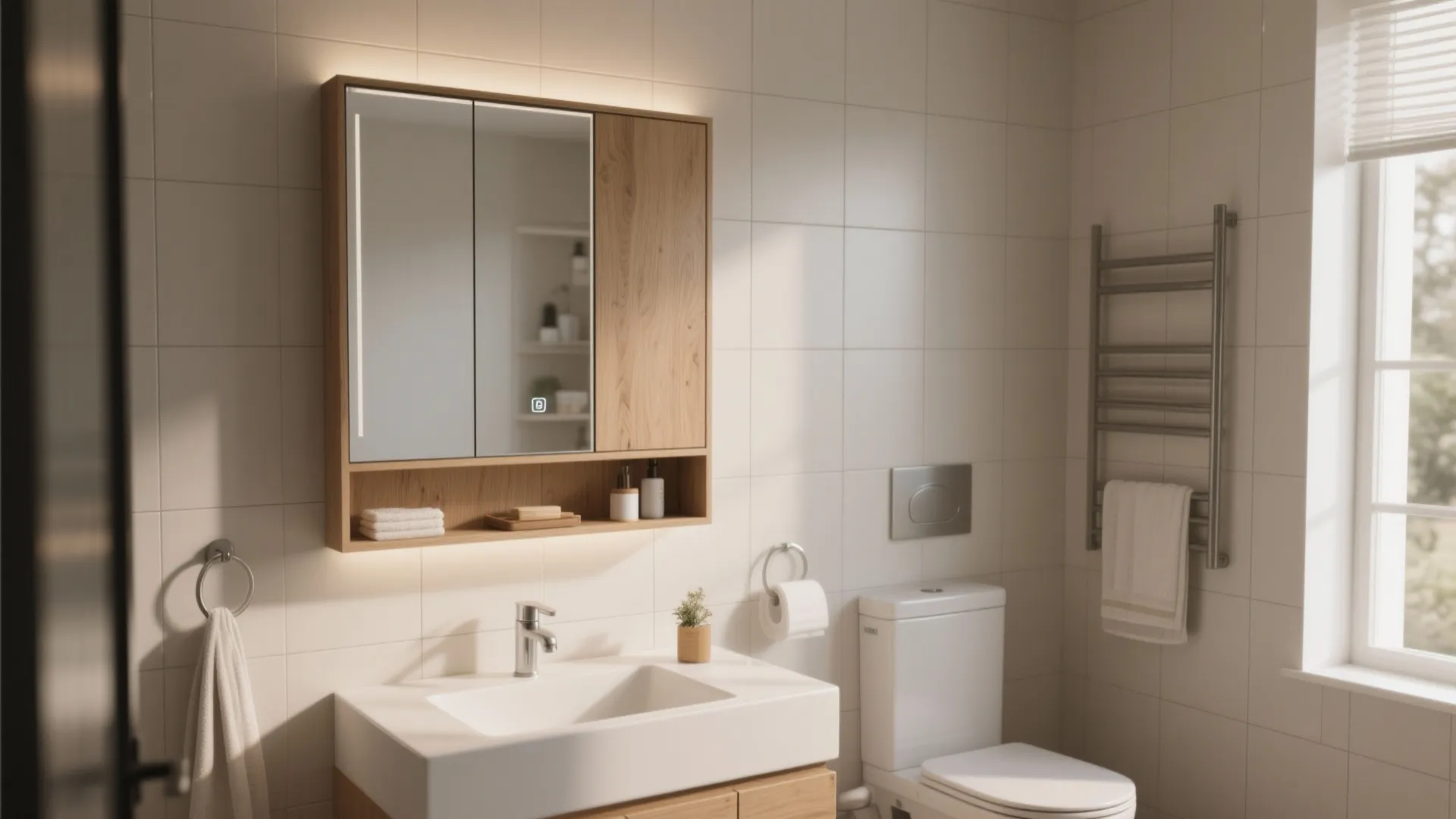 Clean white bathroom with wood cabinet sink toilet towel rack and bright window with blinds