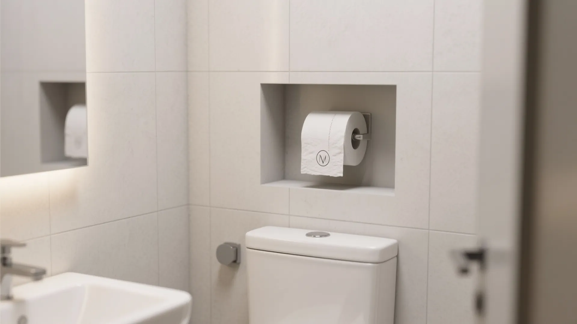 Minimalist white bathroom with a toilet and wall niche containing a single paper roll holder
