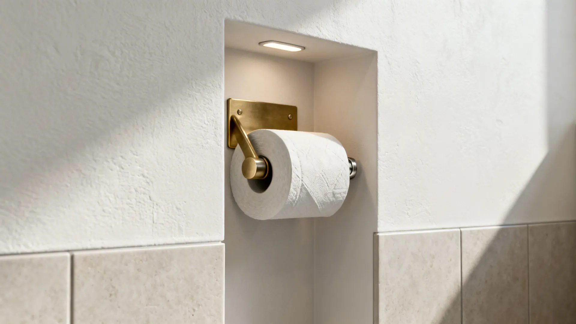 Gold toilet paper holder inside recessed wall space with a small light fixture on white wall