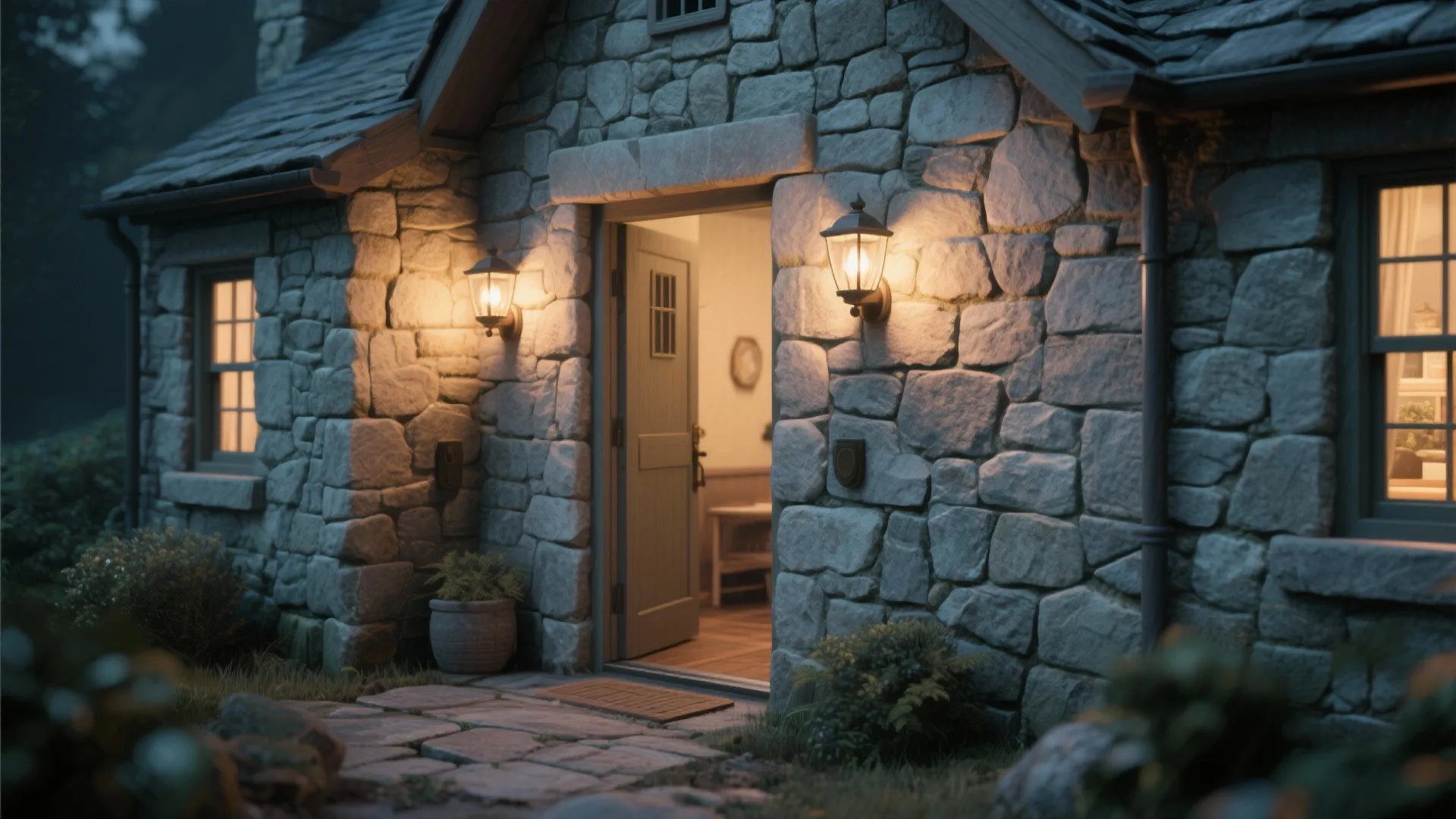 Compact cottage entry with recessed lanterns inset into a thick stone wall providing subtle depth.