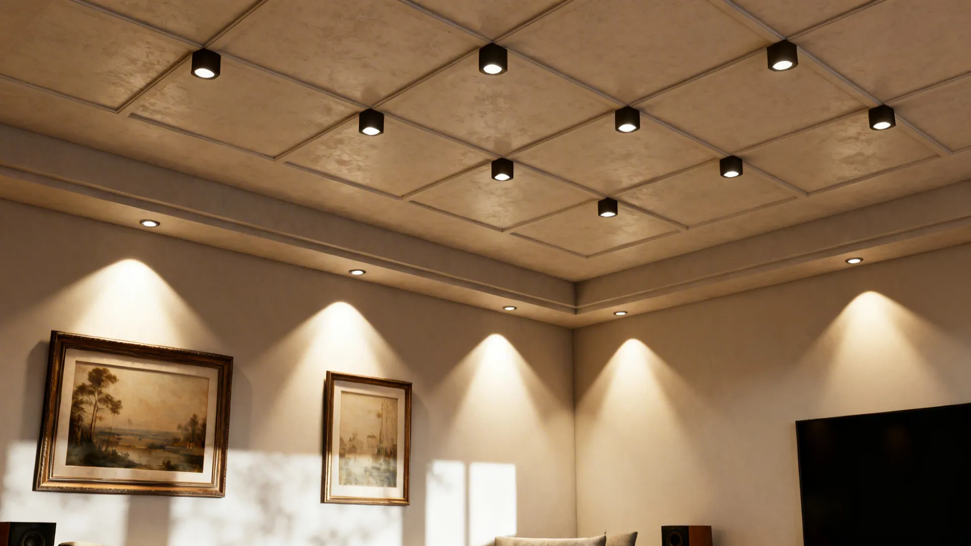 Small living room ceiling with recessed downlights and wall washers highlighting art and creating depth.