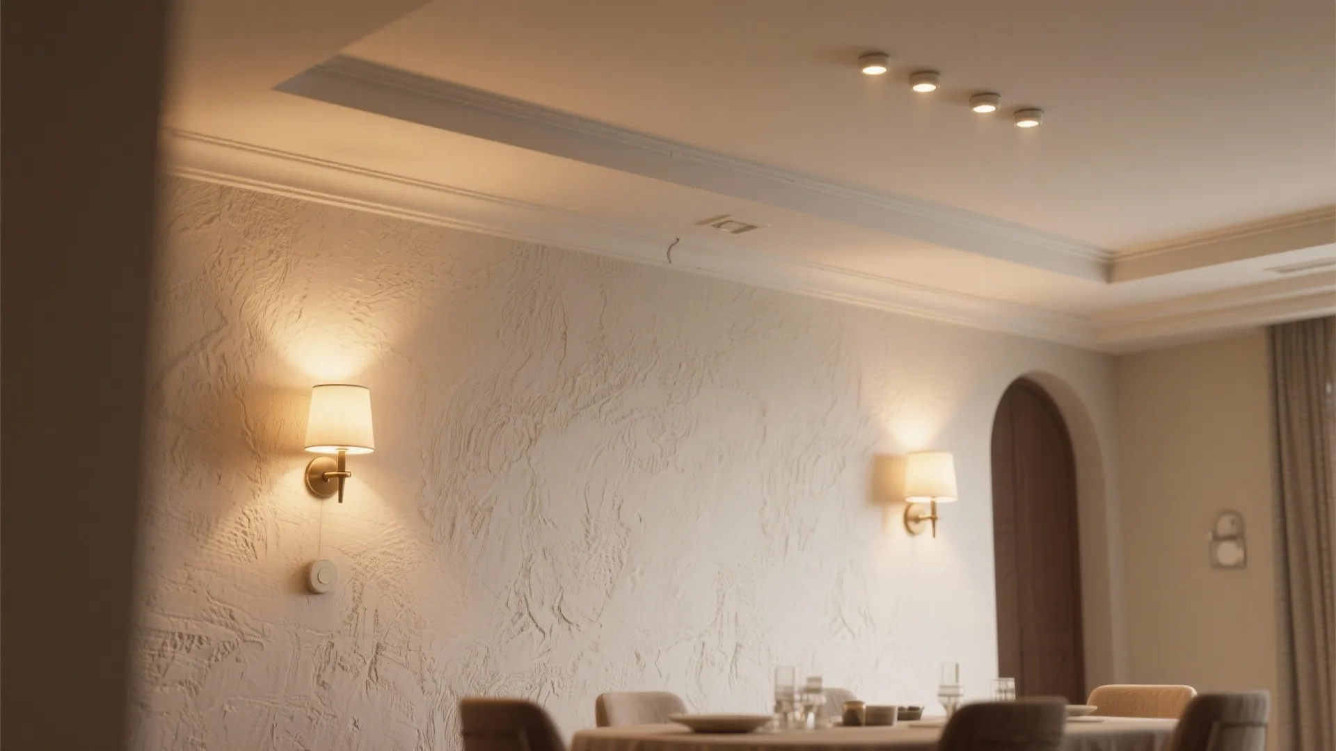 Recessed downlights and warm wall sconce in a low dining room, showing layered dimmable lighting.
