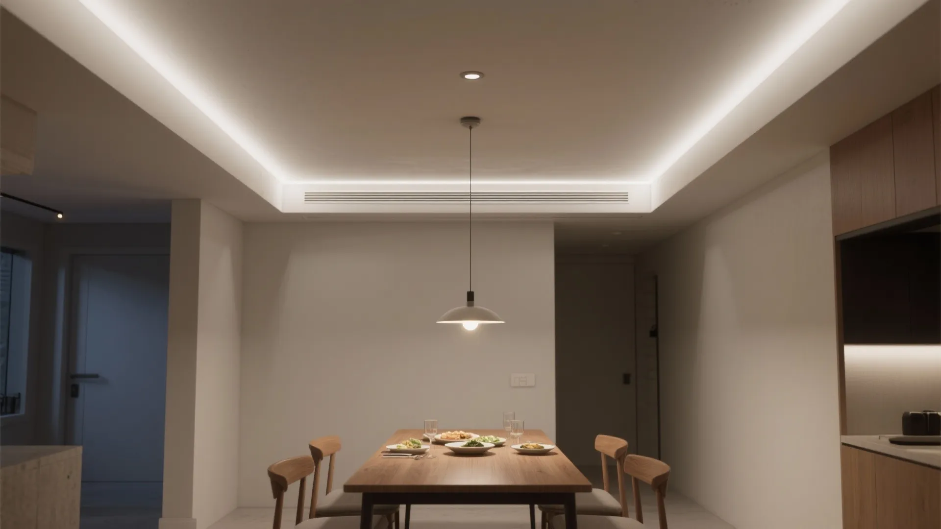 Minimalist dining area featuring a wooden table with food under a white hanging ceiling light