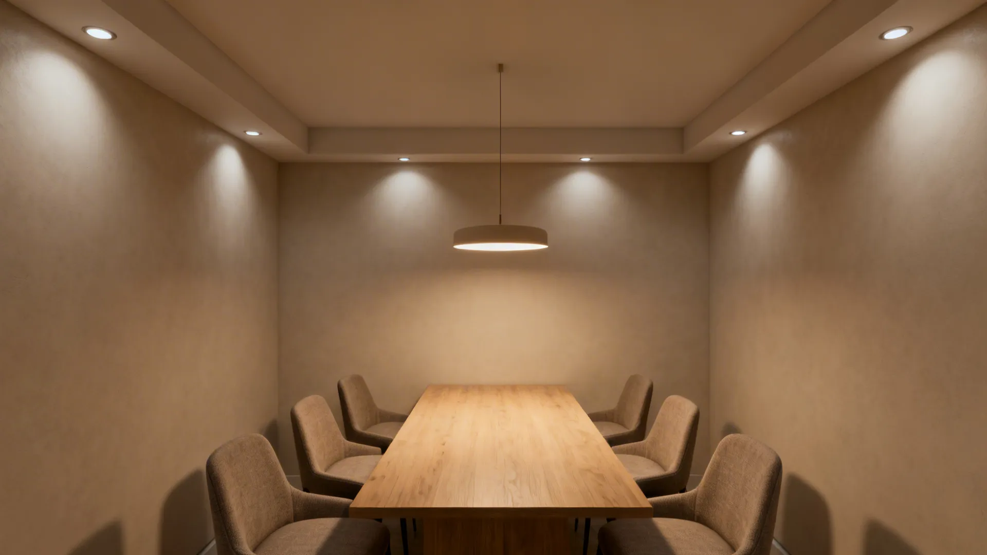 Compact dining area with recessed perimeter lights and a warm central fixture providing layered dimmable illumination.
