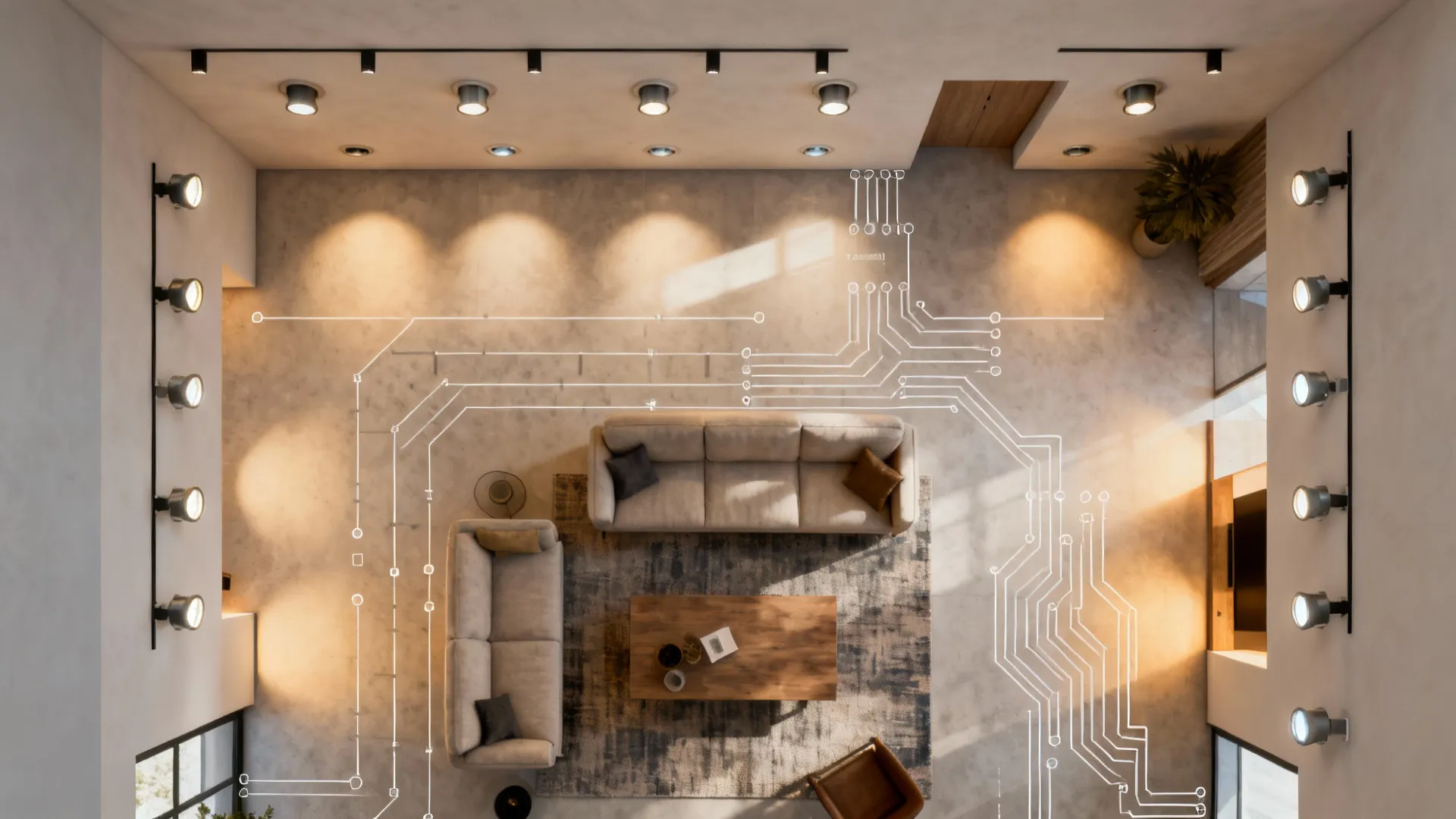 Top down view of living room with sofas coffee table and white lighting circuit layout plan