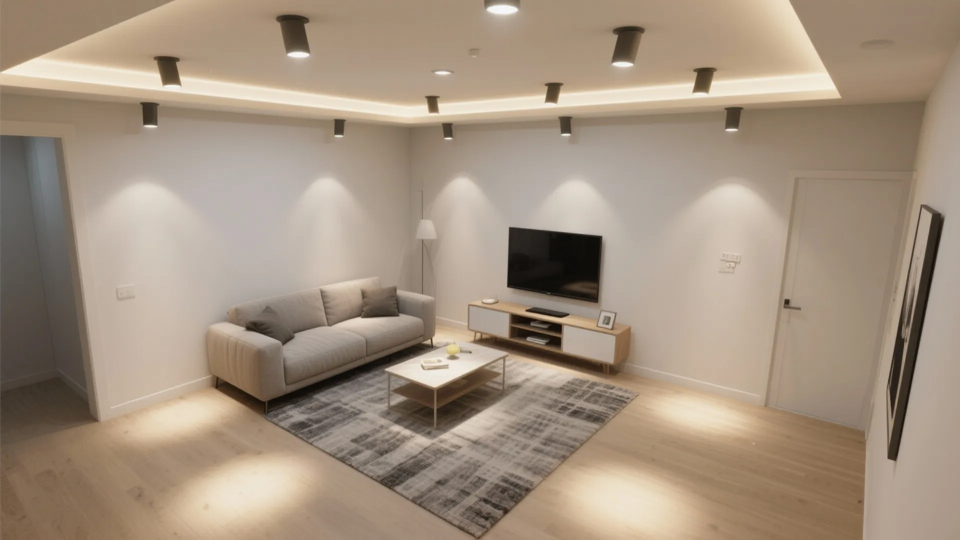 Minimalist drywall ceiling with recessed lighting