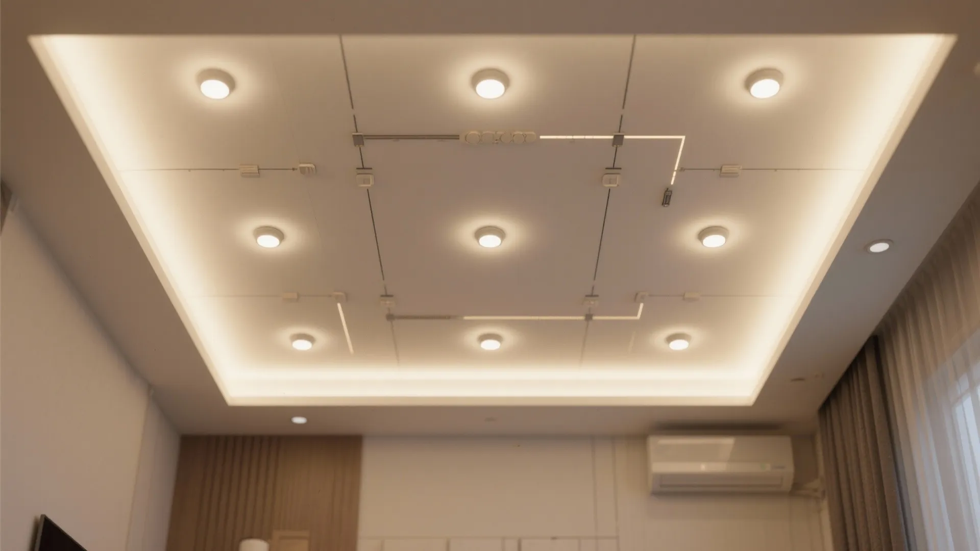 Modern white ceiling with many round recessed light fixtures arranged in a neat square pattern