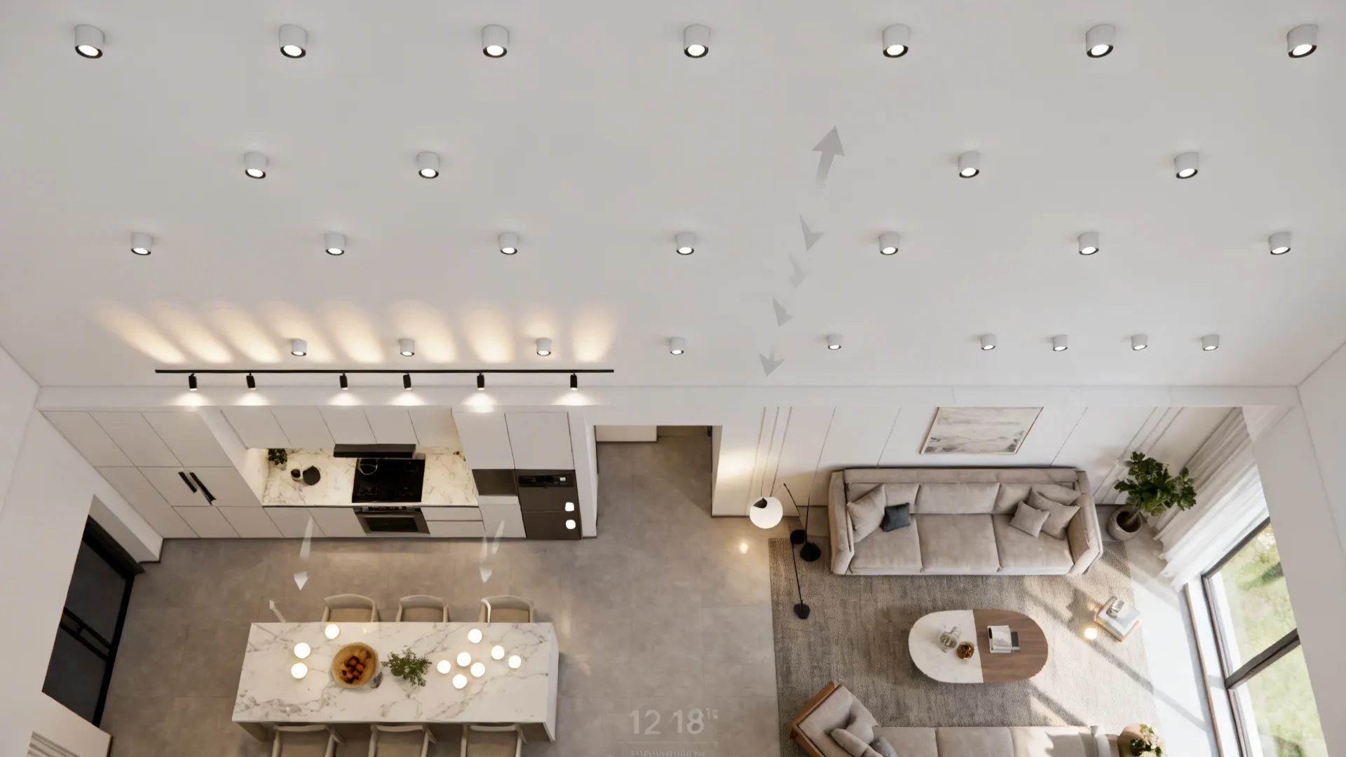 Top-down view showing a neat recessed light grid aligning kitchen tasks and living seating zones.
