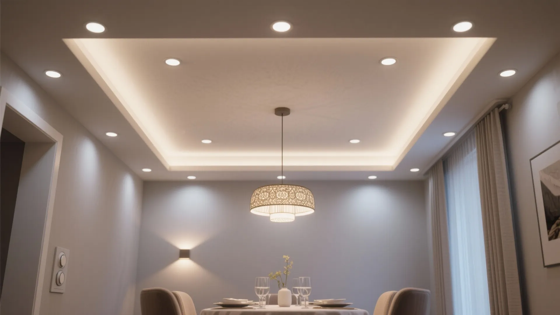 Modern dining room featuring recessed ceiling lights a central light fixture and white window curtains
