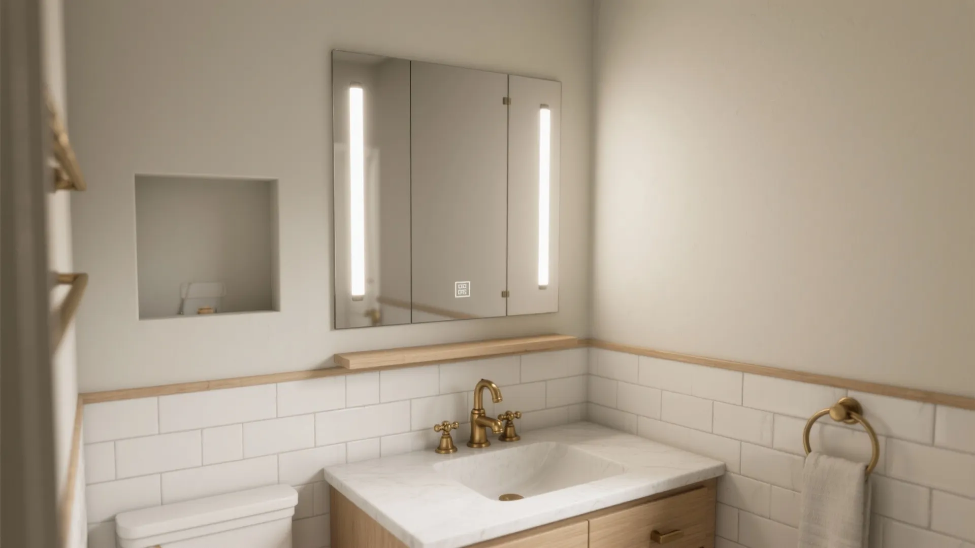 Bathroom interior with lighted mirror cabinet gold faucet white tiles wooden shelf and towel ring