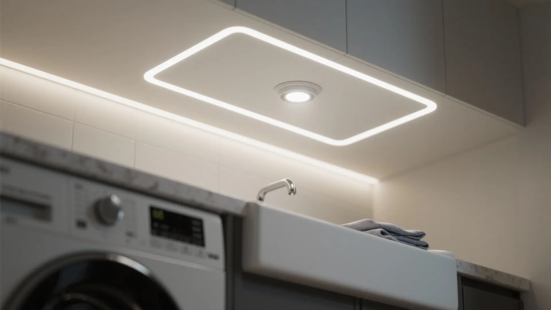 Modern laundry room featuring a recessed ceiling light above a white sink and washing machine