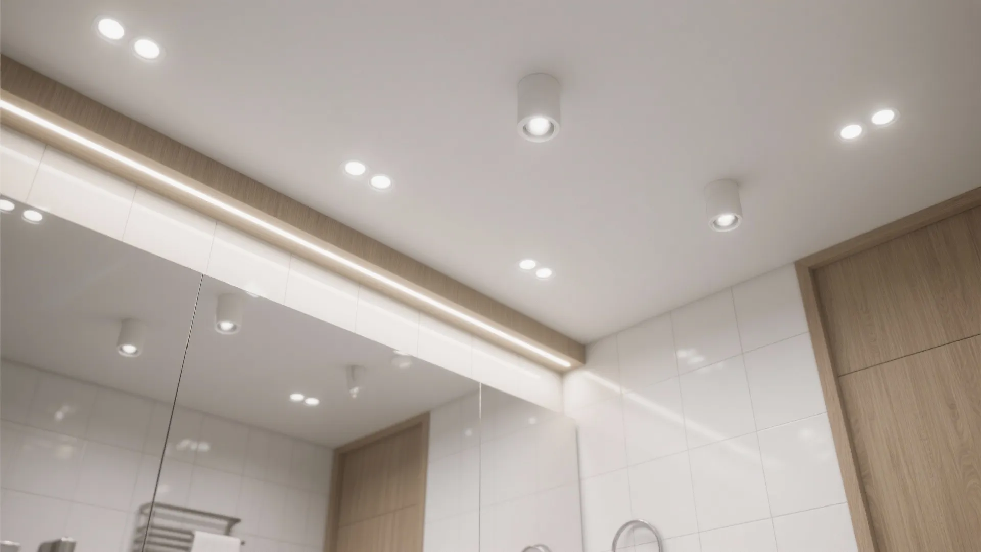 Bathroom ceiling with recessed white LED downlights for clean general illumination.