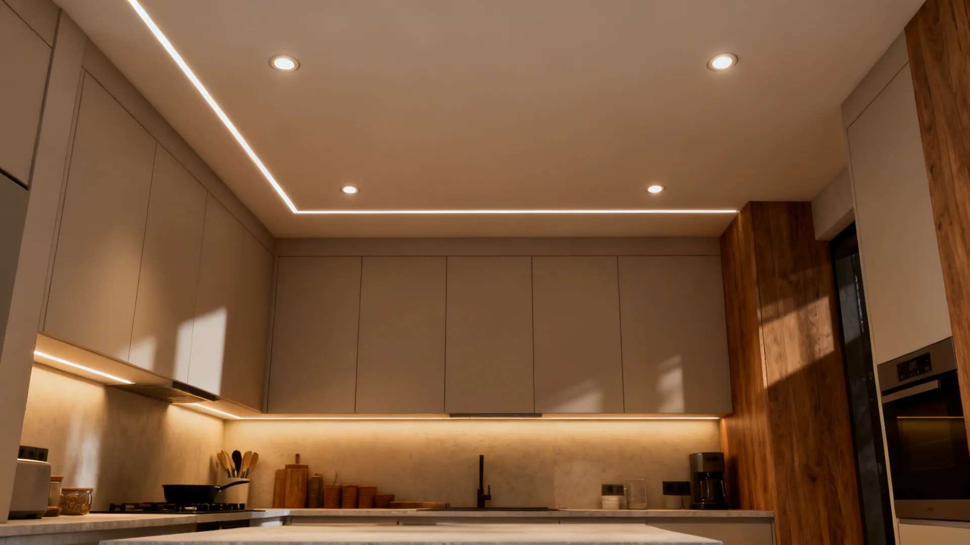 Kitchen interior emphasizing warm recessed LED downlights evenly illuminating counters