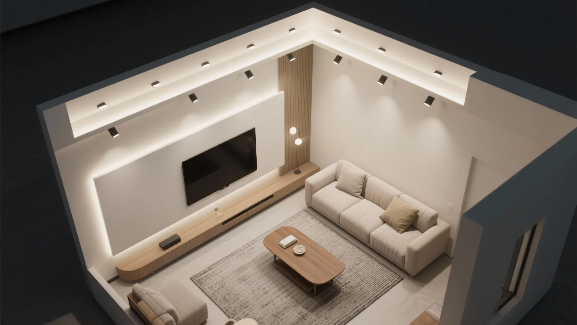 1) Minimal recessed LED grid for a calm canvas